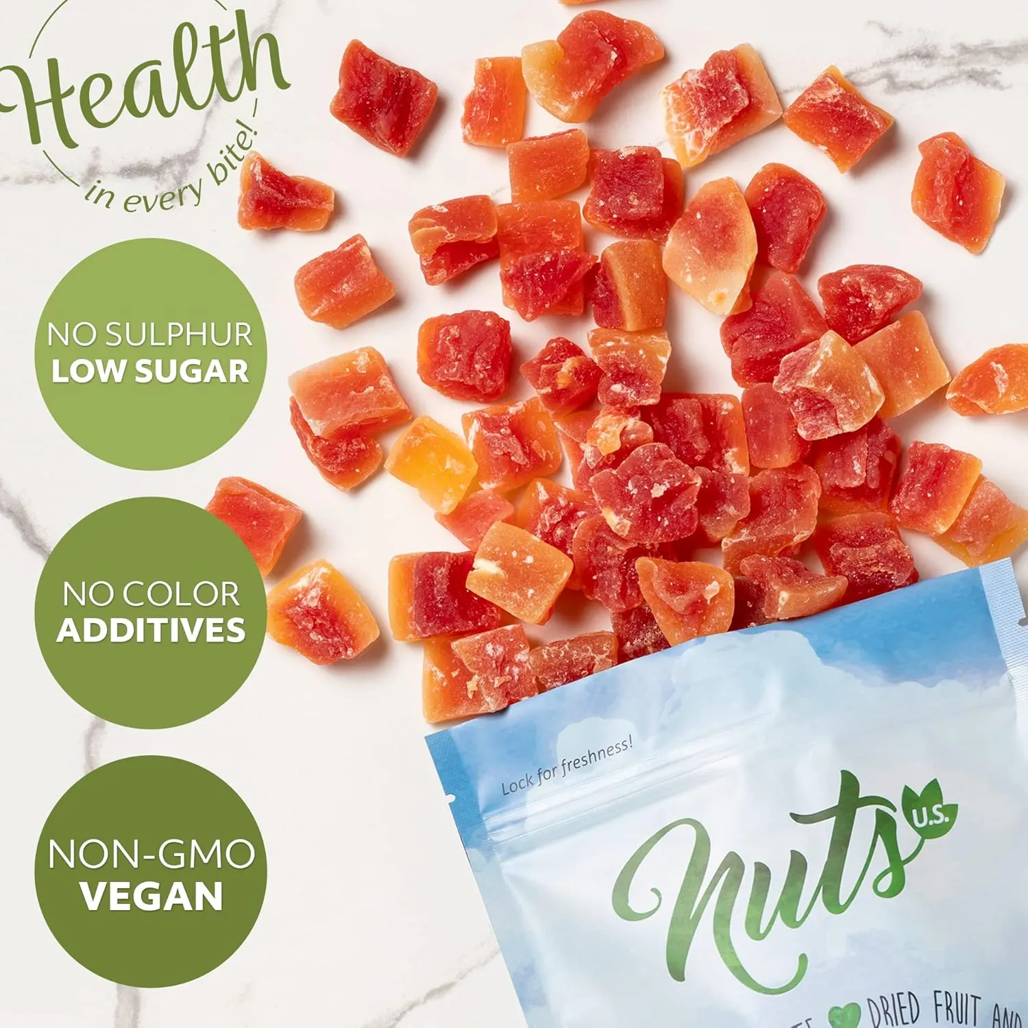 NUTS U.S. - Unsulphured Dried Papaya Chunks | Low Sugar | No Color Added | NON-GMO and Gluten Free | Vegan Snacks | Packed in a Resealable Bag!!! (3 LBS)