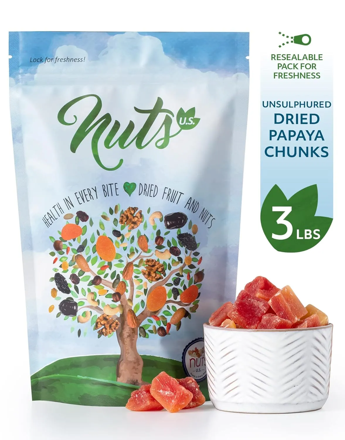 NUTS U.S. - Unsulphured Dried Papaya Chunks | Low Sugar | No Color Added | NON-GMO and Gluten Free | Vegan Snacks | Packed in a Resealable Bag!!! (3 LBS)