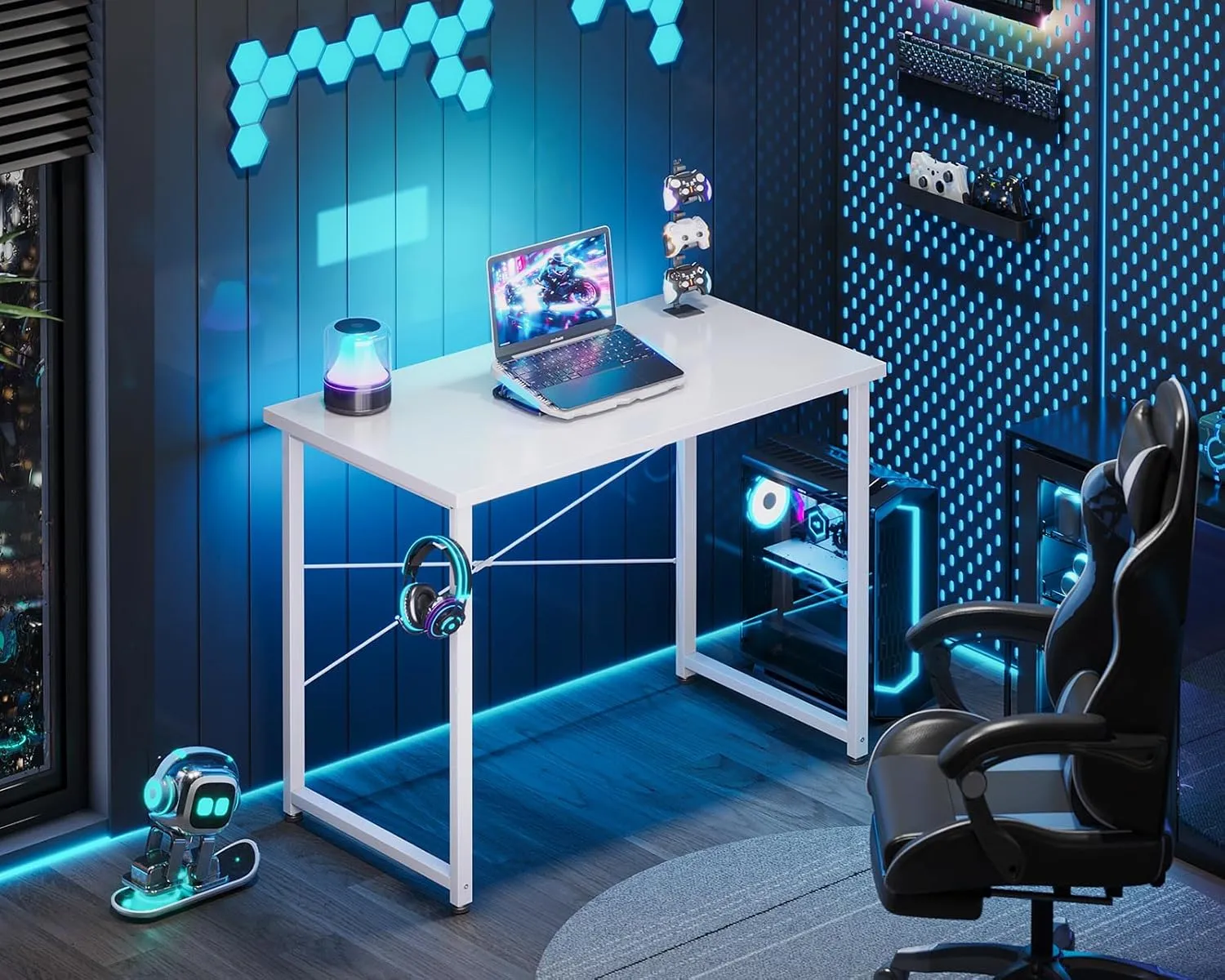 ODK 32 Inches Small Desk for Home Office, Computer Study Table for Small Spaces, Writing Desk with Headphone Hooks, White