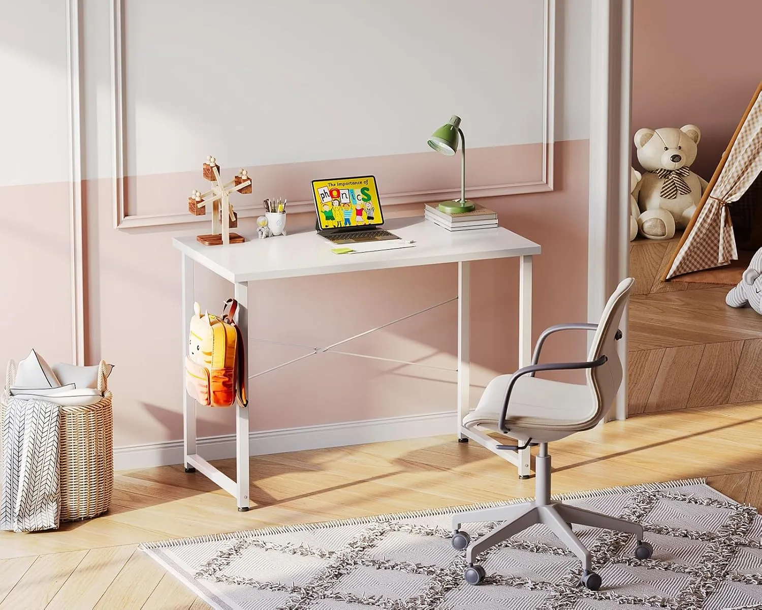 ODK 32 Inches Small Desk for Home Office, Computer Study Table for Small Spaces, Writing Desk with Headphone Hooks, White