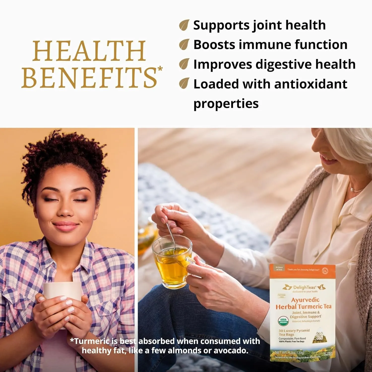 Organic Turmeric Ginger Tea | Eco-Conscious Pyramid Tea Bags | Ayurvedic Herbal Turmeric Tea for Joint Support | USDA Organic, Caffeine Free, Vegan, Kosher | 30 Tea Bags, 4g Each