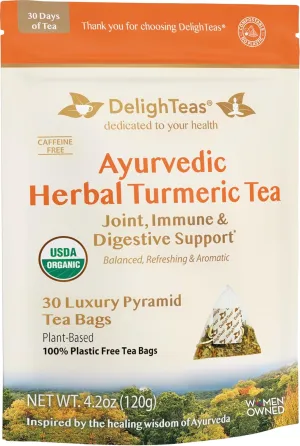 Organic Turmeric Ginger Tea | Eco-Conscious Pyramid Tea Bags | Ayurvedic Herbal Turmeric Tea for Joint Support | USDA Organic, Caffeine Free, Vegan, Kosher | 30 Tea Bags, 4g Each
