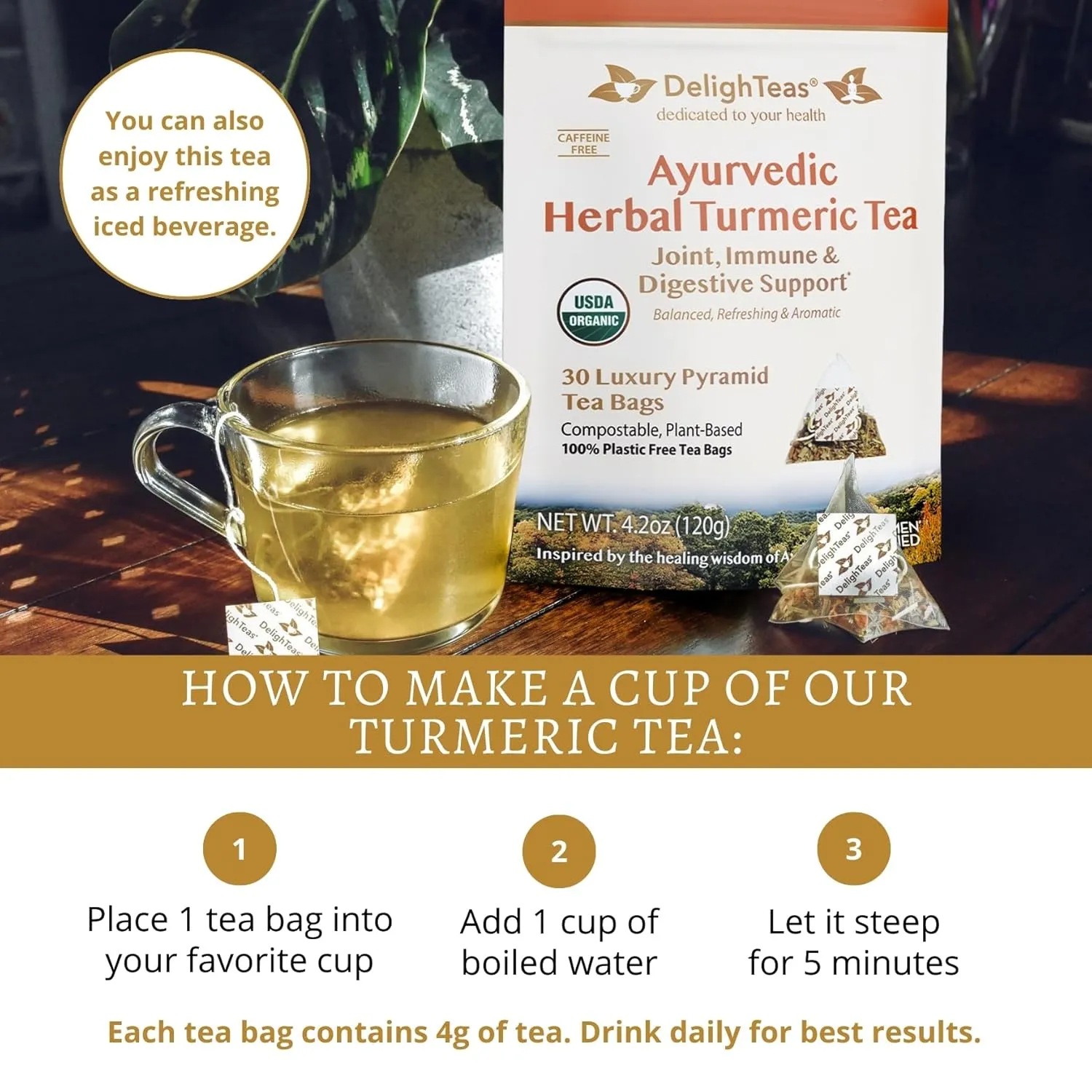 Organic Turmeric Ginger Tea | Eco-Conscious Pyramid Tea Bags | Ayurvedic Herbal Turmeric Tea for Joint Support | USDA Organic, Caffeine Free, Vegan, Kosher | 30 Tea Bags, 4g Each