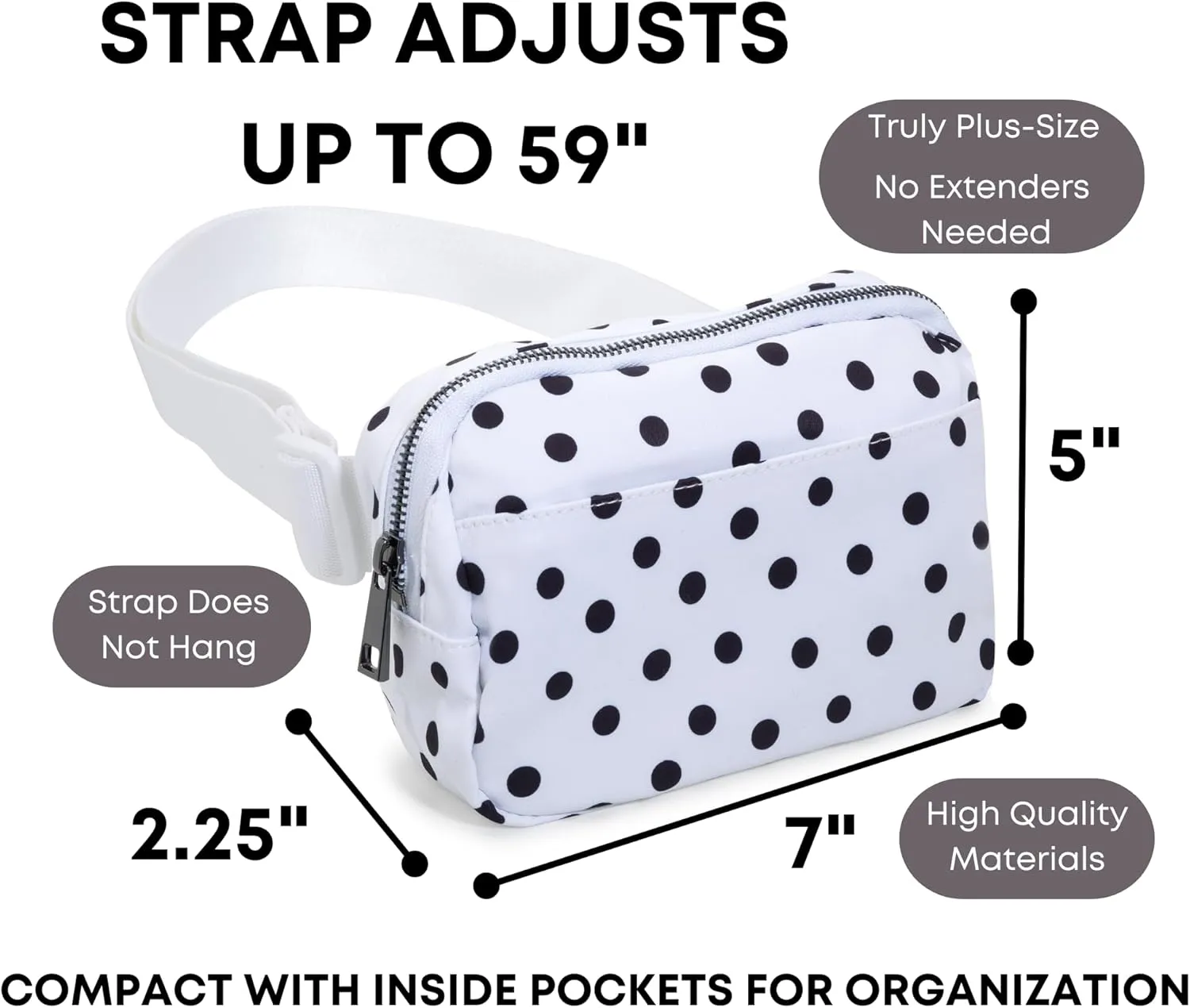 Organized Fanny Pack up to 59”, Polka Dot Crossbody Belt Bag, Plus Size 6 pockets, credit card slots, hole for dog bags, waist bag, kids women men gift, by Midnight Run