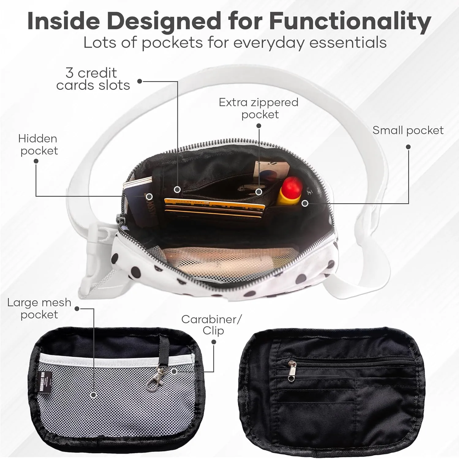 Organized Fanny Pack up to 59”, Polka Dot Crossbody Belt Bag, Plus Size 6 pockets, credit card slots, hole for dog bags, waist bag, kids women men gift, by Midnight Run