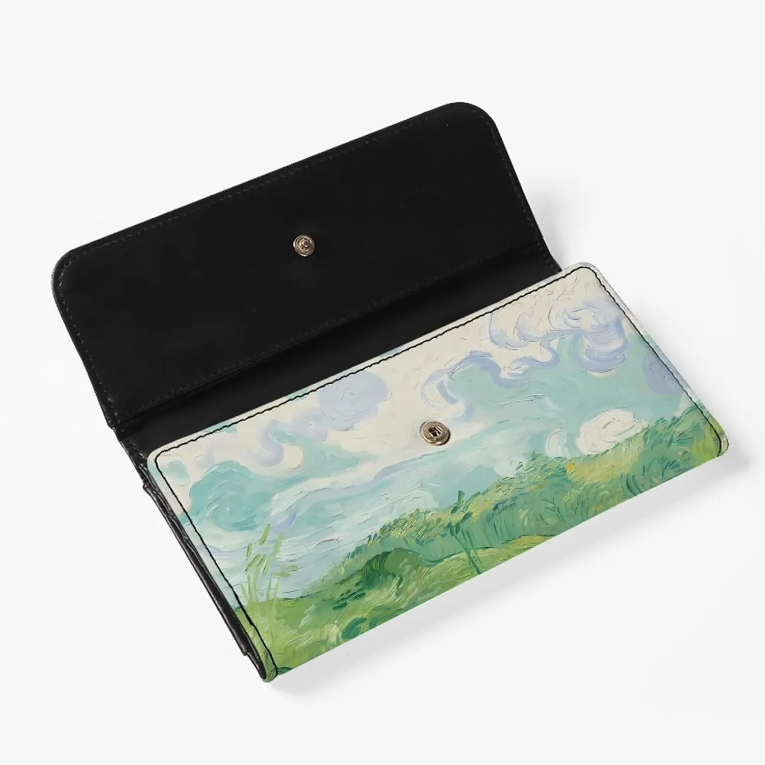 Painting Countryside Women Soft Leather Trifold Slim Wallets, Green Wheat Fields Auvers, Van Gogh Art Ladies Wallet Card Holder Phone Organizer, Snap Closure