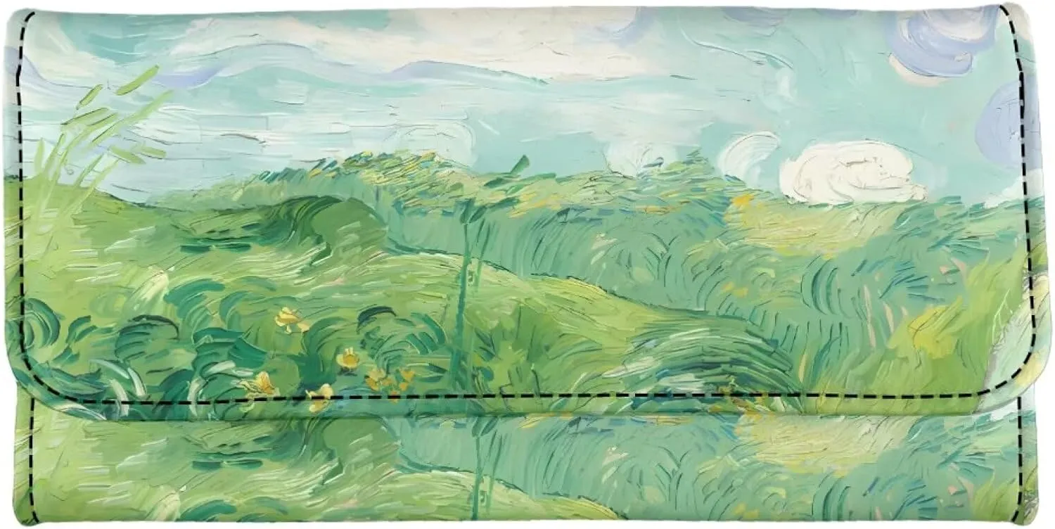 Painting Countryside Women Soft Leather Trifold Slim Wallets, Green Wheat Fields Auvers, Van Gogh Art Ladies Wallet Card Holder Phone Organizer, Snap Closure