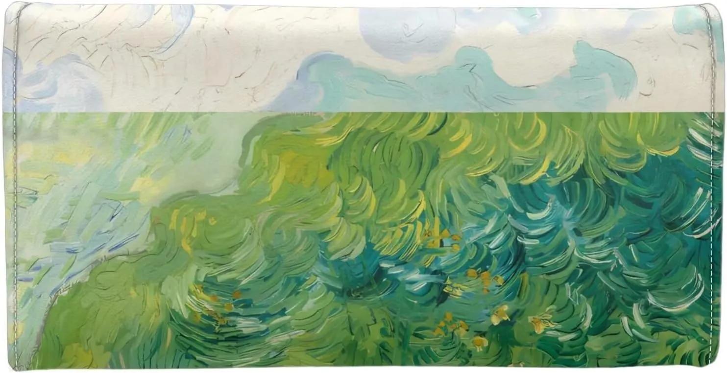 Painting Countryside Women Soft Leather Trifold Slim Wallets, Green Wheat Fields Auvers, Van Gogh Art Ladies Wallet Card Holder Phone Organizer, Snap Closure