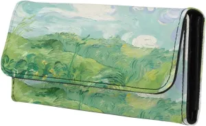 Painting Countryside Women Soft Leather Trifold Slim Wallets, Green Wheat Fields Auvers, Van Gogh Art Ladies Wallet Card Holder Phone Organizer, Snap Closure