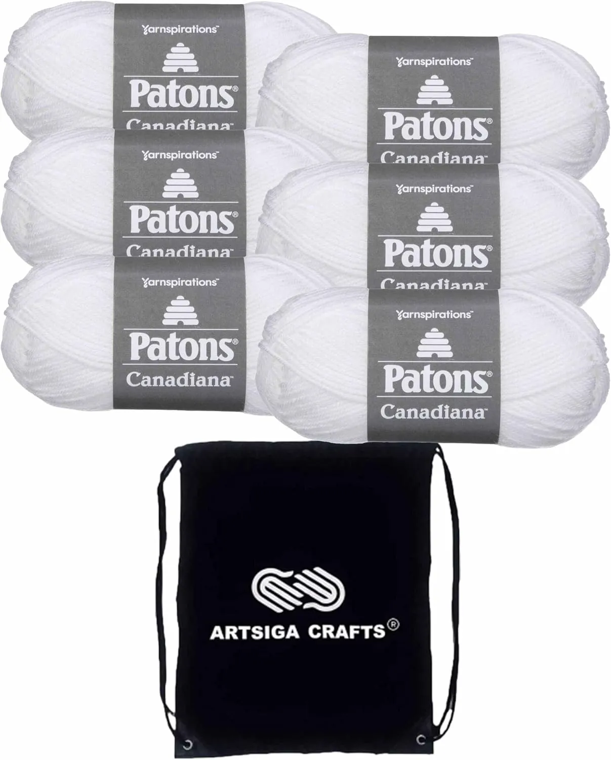 Patons Canadiana Solids White 244510-10005 (6-Pack - Same Dye Lot) Worsted Medium #4 Acrylic Yarn for Crocheting and Knitting with Project Bag
