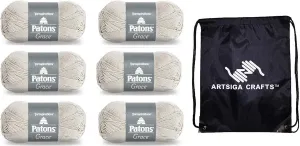 Patons Grace Clay 246062-62044 (6-Pack - Same Dye Lot) DK Light Worsted #3 Cotton Yarn for Crocheting and Knitting with Project Bag