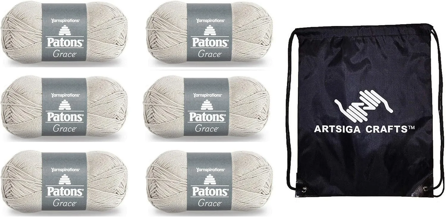 Patons Grace Clay 246062-62044 (6-Pack - Same Dye Lot) DK Light Worsted #3 Cotton Yarn for Crocheting and Knitting with Project Bag