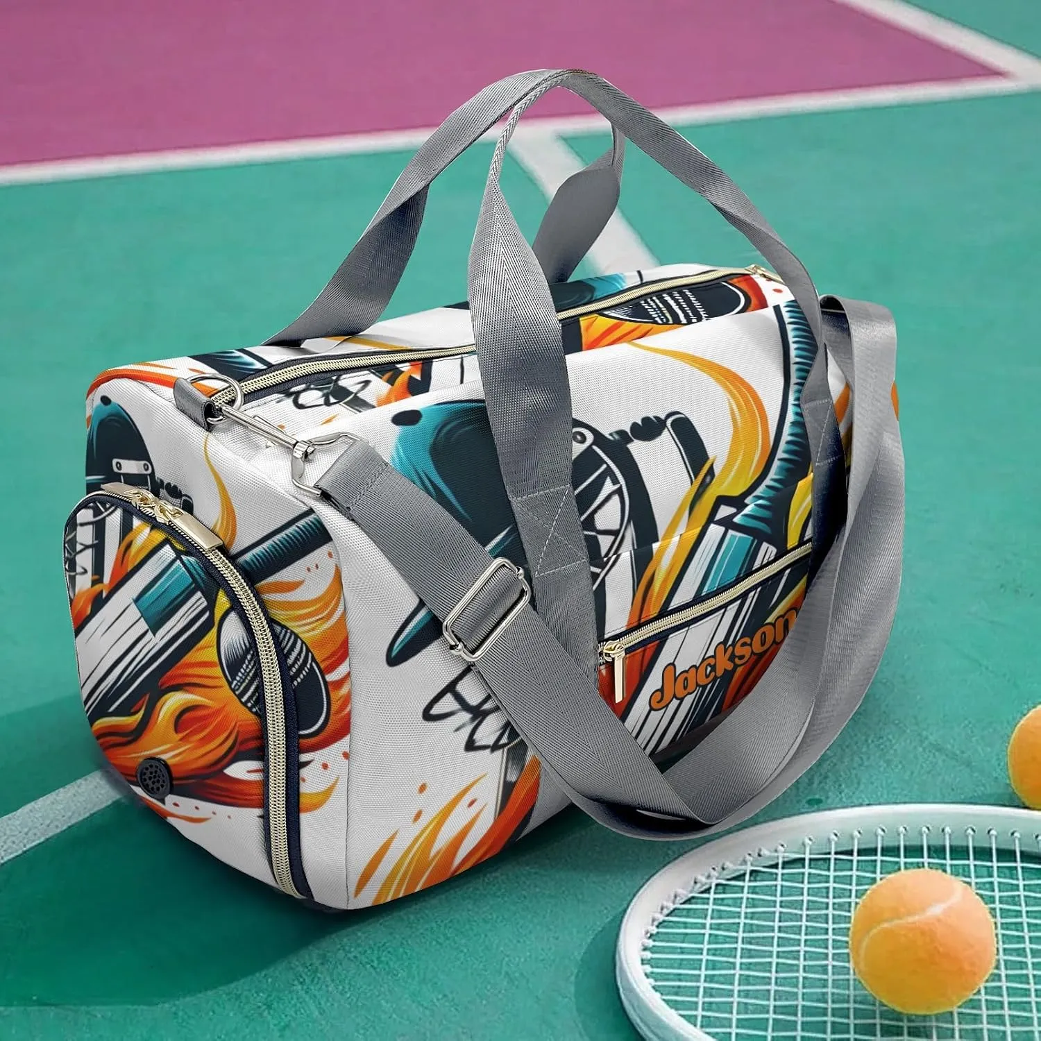Personalized Name Duffel Bag Cricket Bat and Ball Baseball Flame On-the-Go Fitness: Travel Bags Designed for Active Living