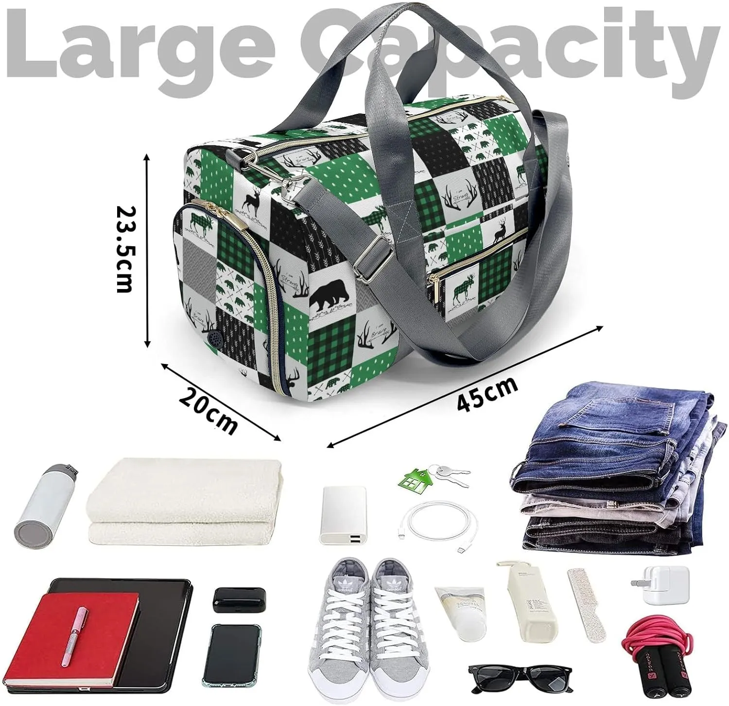 Personalized Name Duffel Bag Woodland Deer Bear Plaid On-the-Go Fitness: Travel Bags Designed for Active Living
