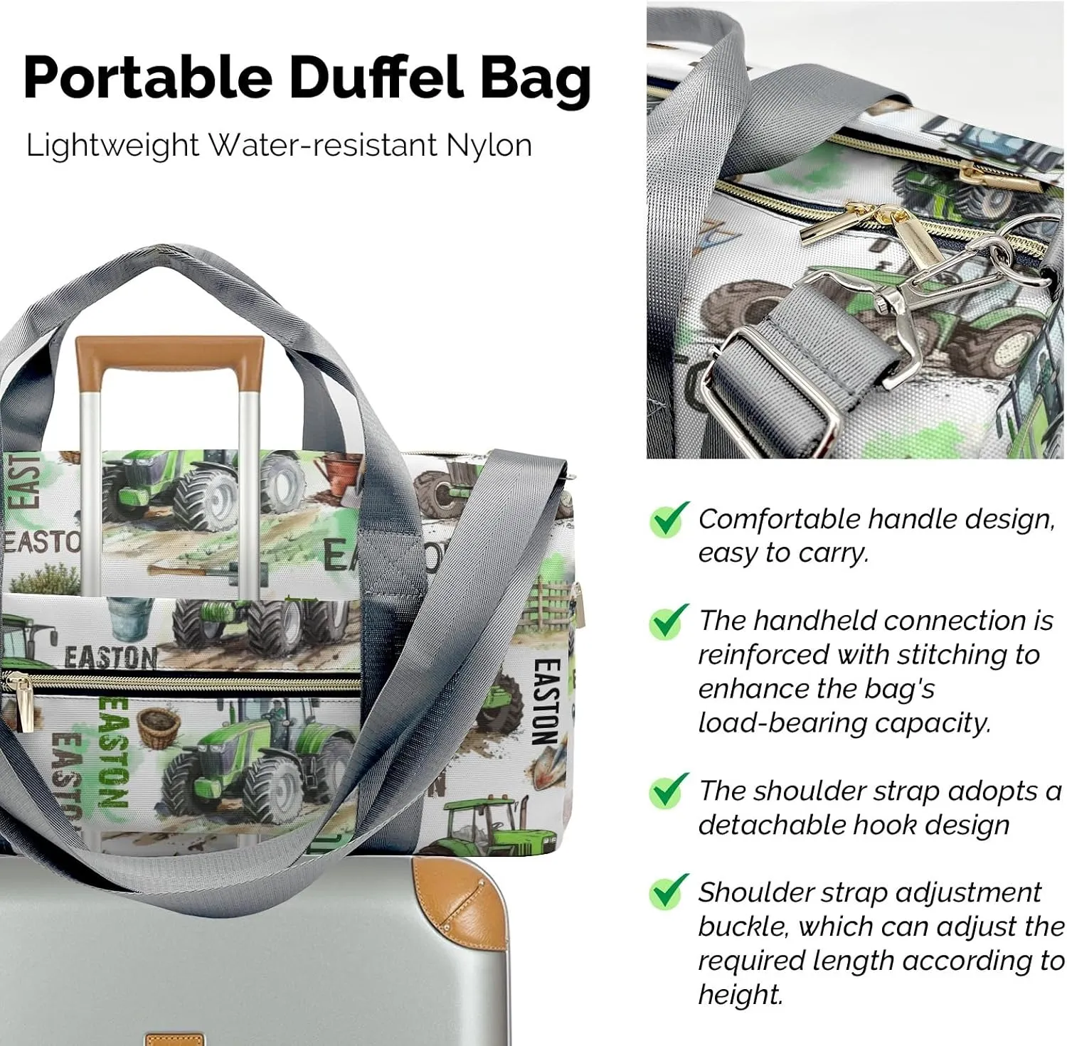 Personalized Name Tractor Car Farm Vehicle Gym Bag for Women, Travel Duffle Bag Carry On Weekender Bag with Shoe Compartment Custom Gift
