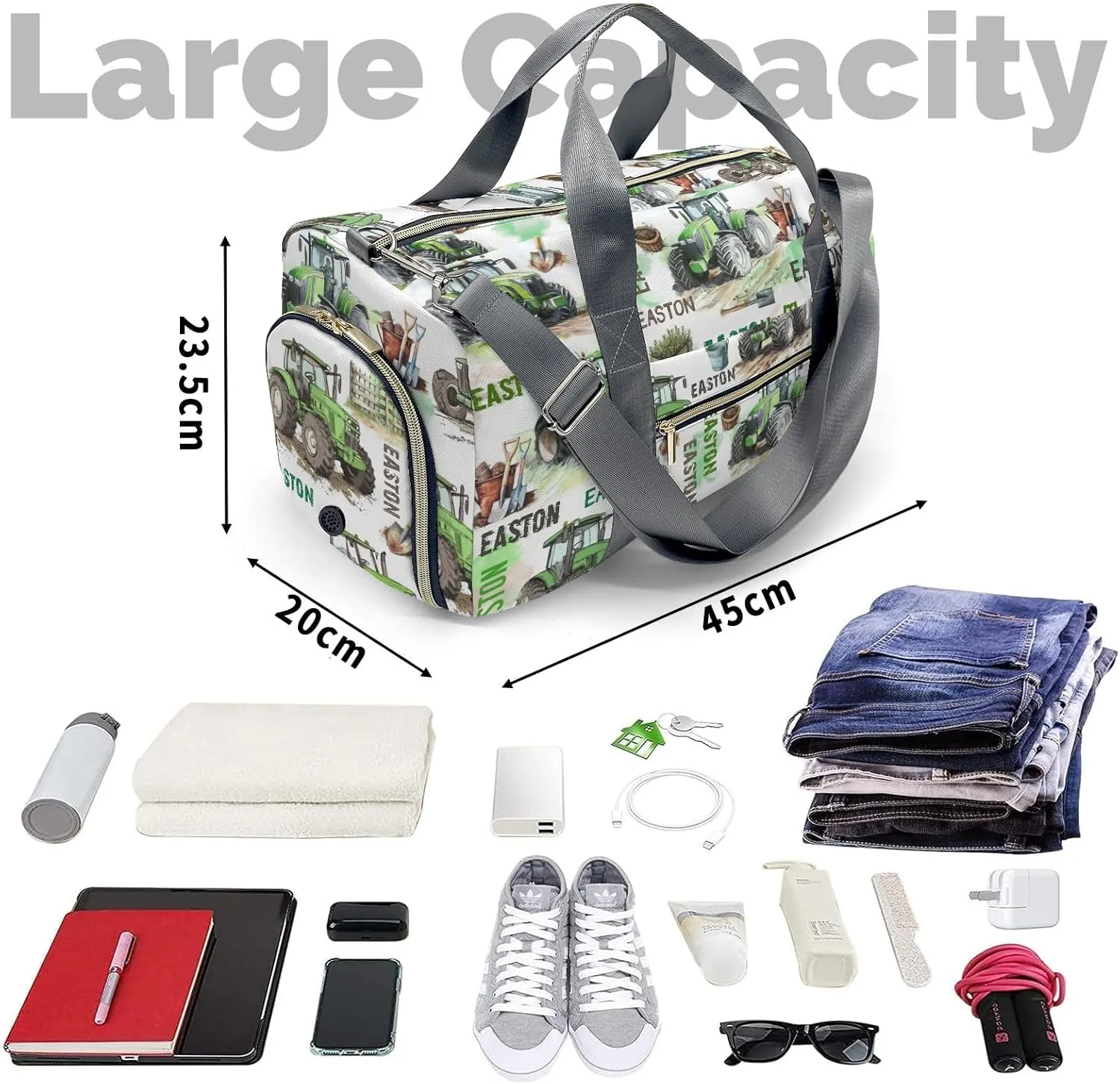 Personalized Name Tractor Car Farm Vehicle Gym Bag for Women, Travel Duffle Bag Carry On Weekender Bag with Shoe Compartment Custom Gift