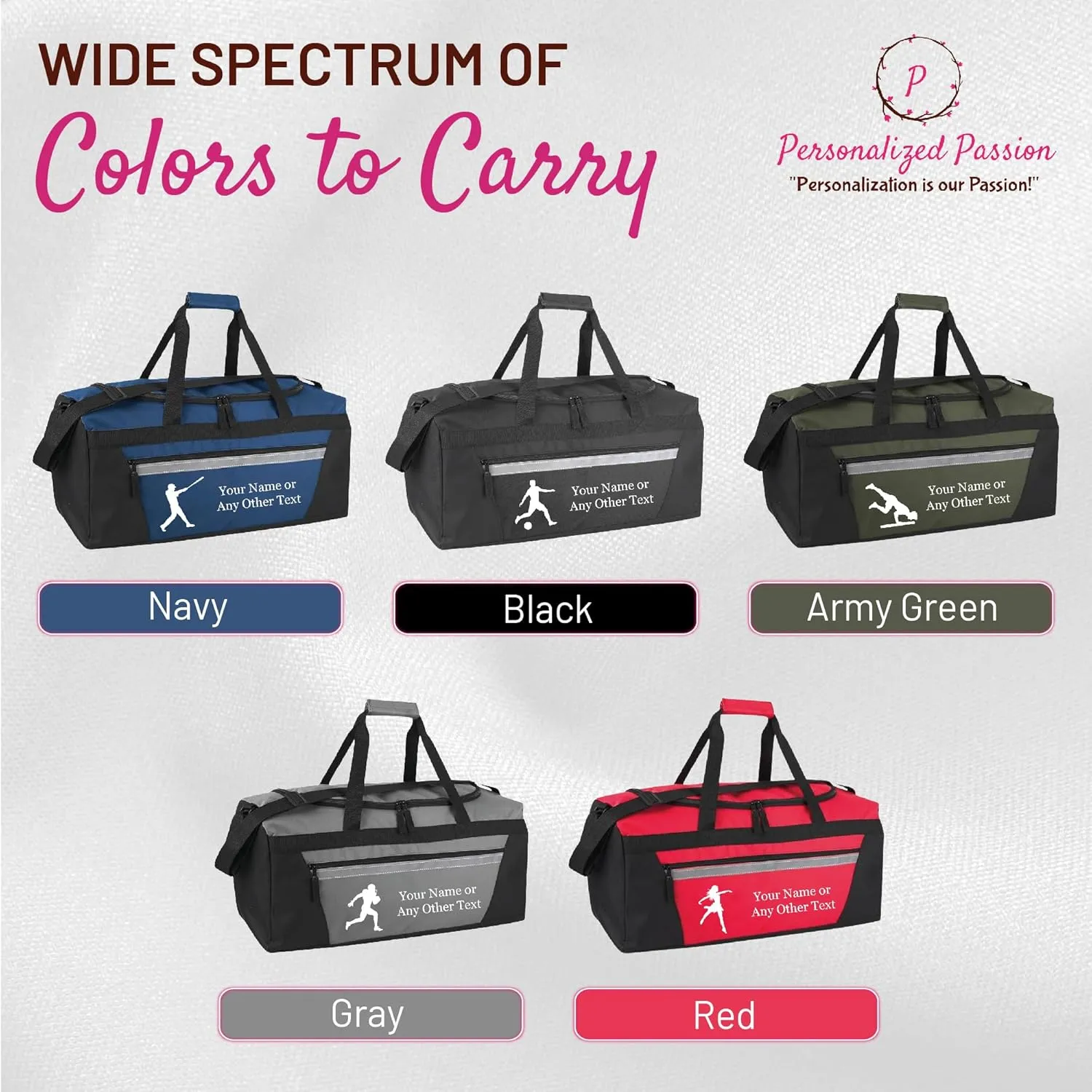 Personalized Sports Duffel Bags for Men and Women - 22” Customized Travel Duffle with Name & Baseball Design - Water Resistant Two-Toned Overnight Weekender Bag - Gray