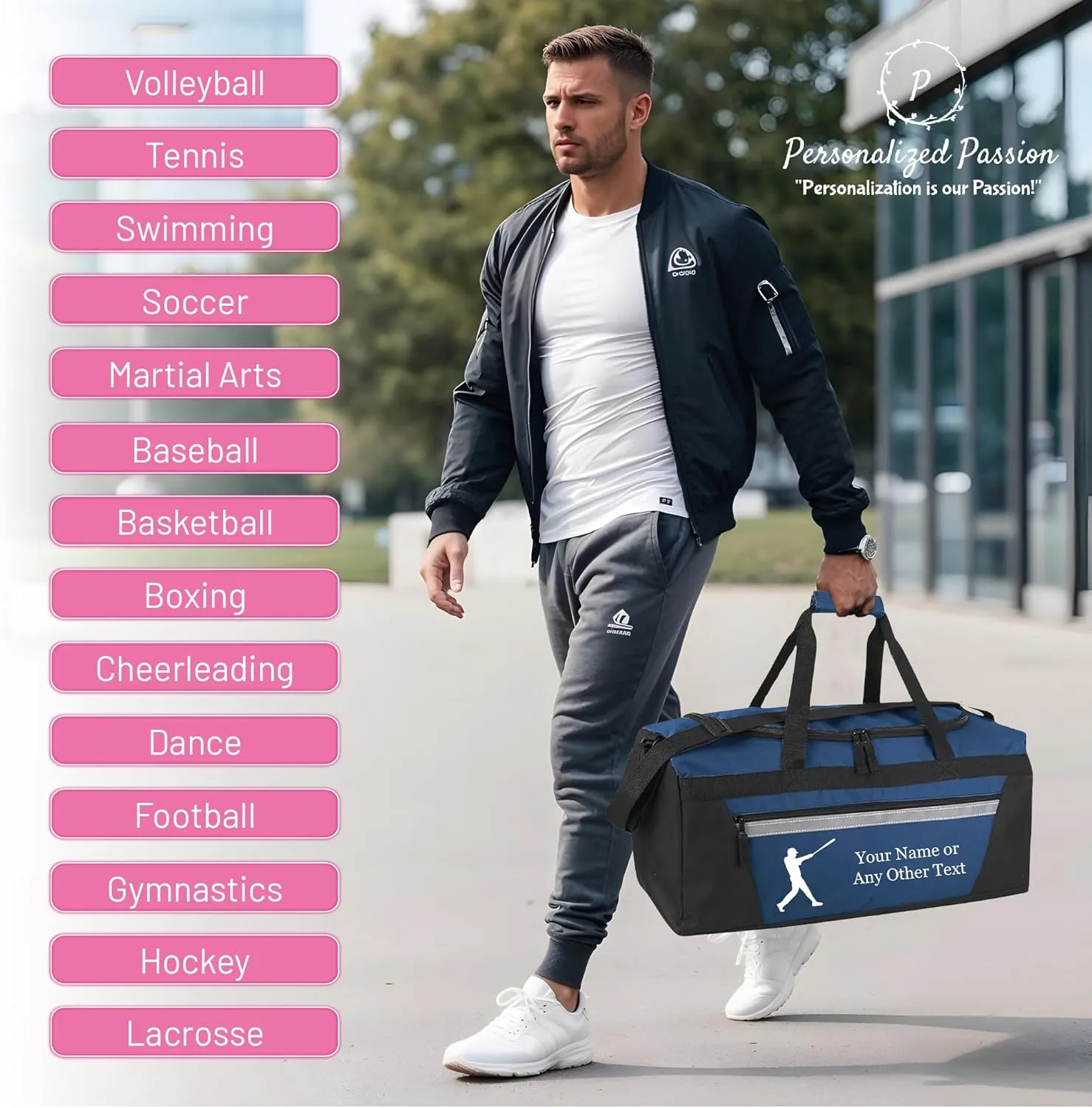 Personalized Sports Duffel Bags for Men and Women - 22” Customized Travel Duffle with Name & Baseball Design - Water Resistant Two-Toned Overnight Weekender Bag - Gray