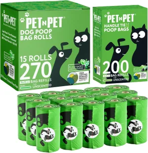 PET N PET 200 Counts Unscented Dog Poop Bags with Tie Handles, 38% Plant Based & 62% PE   Poop Bags For Dogs 270 Counts, 38% Plant Based & 62% PE Dog Poop Bags Rolls