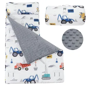 PHF Toddler Nap Mat with Removable Pillow and Minky Fleece Blanket, Rollup Design Warm Slumber Bags for Boys, 50"x20" Kids Sleeping Bag for Daycare Preschool Travel Camping, Truck and Digger