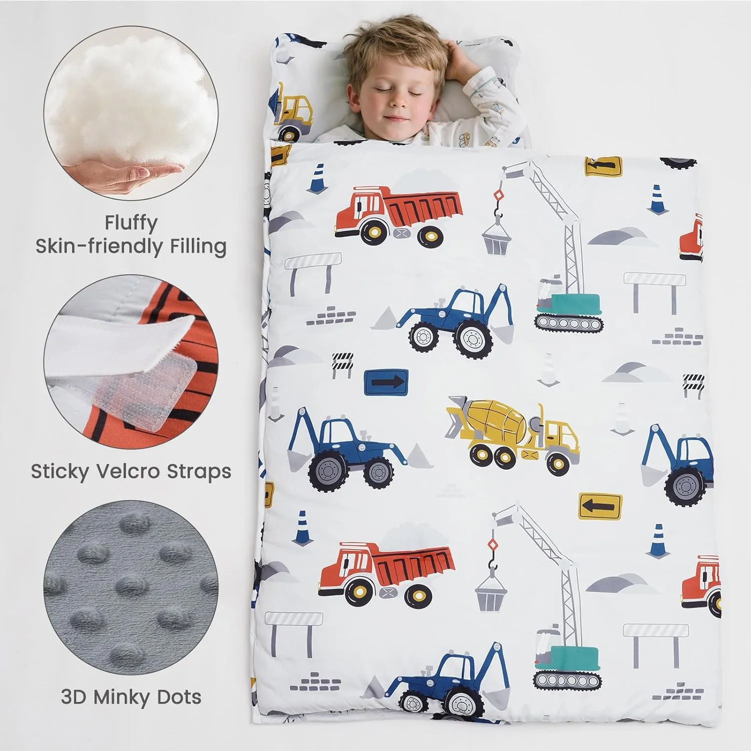 PHF Toddler Nap Mat with Removable Pillow and Minky Fleece Blanket, Rollup Design Warm Slumber Bags for Boys, 50"x20" Kids Sleeping Bag for Daycare Preschool Travel Camping, Truck and Digger
