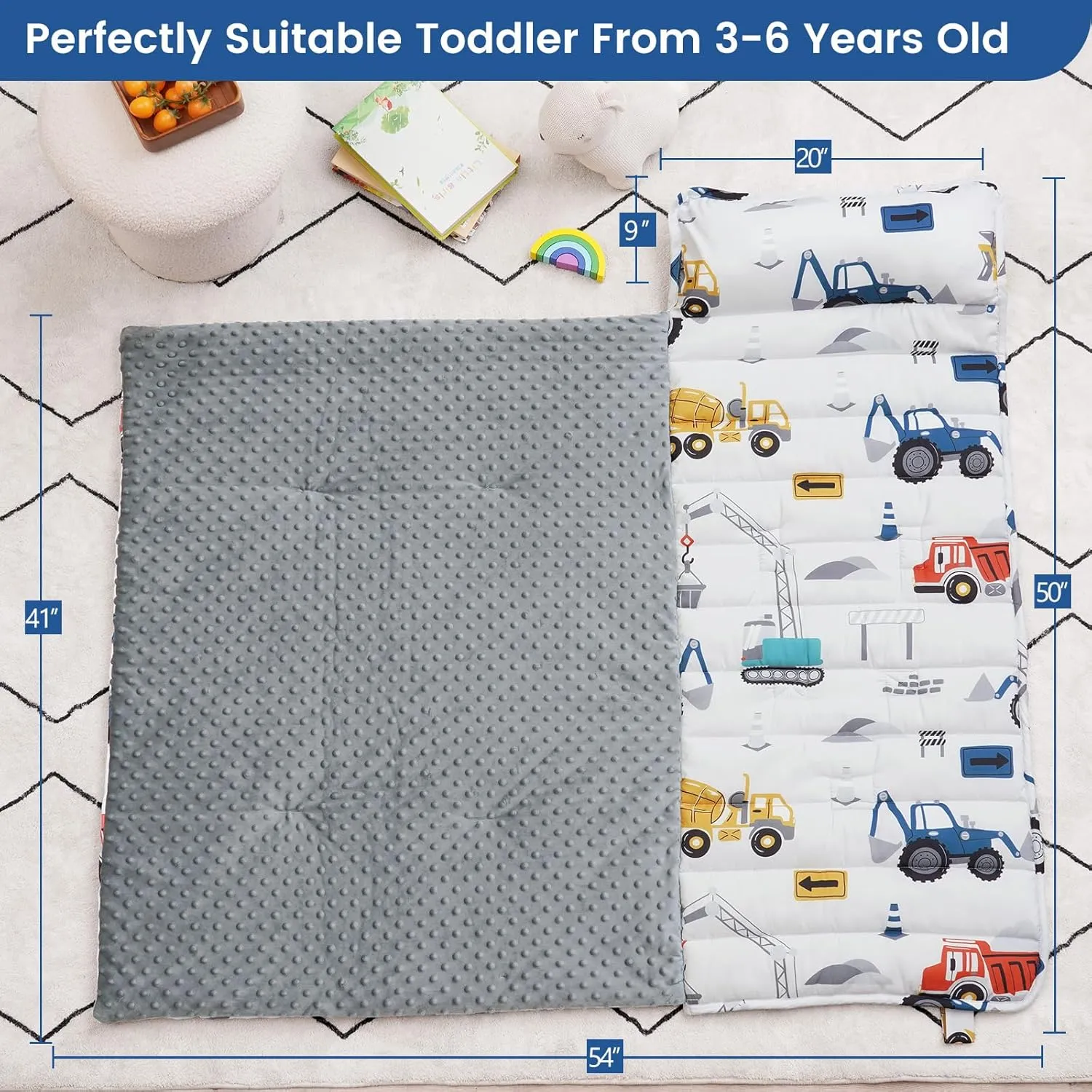 PHF Toddler Nap Mat with Removable Pillow and Minky Fleece Blanket, Rollup Design Warm Slumber Bags for Boys, 50"x20" Kids Sleeping Bag for Daycare Preschool Travel Camping, Truck and Digger