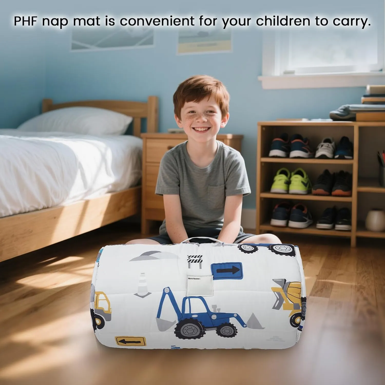 PHF Toddler Nap Mat with Removable Pillow and Minky Fleece Blanket, Rollup Design Warm Slumber Bags for Boys, 50"x20" Kids Sleeping Bag for Daycare Preschool Travel Camping, Truck and Digger