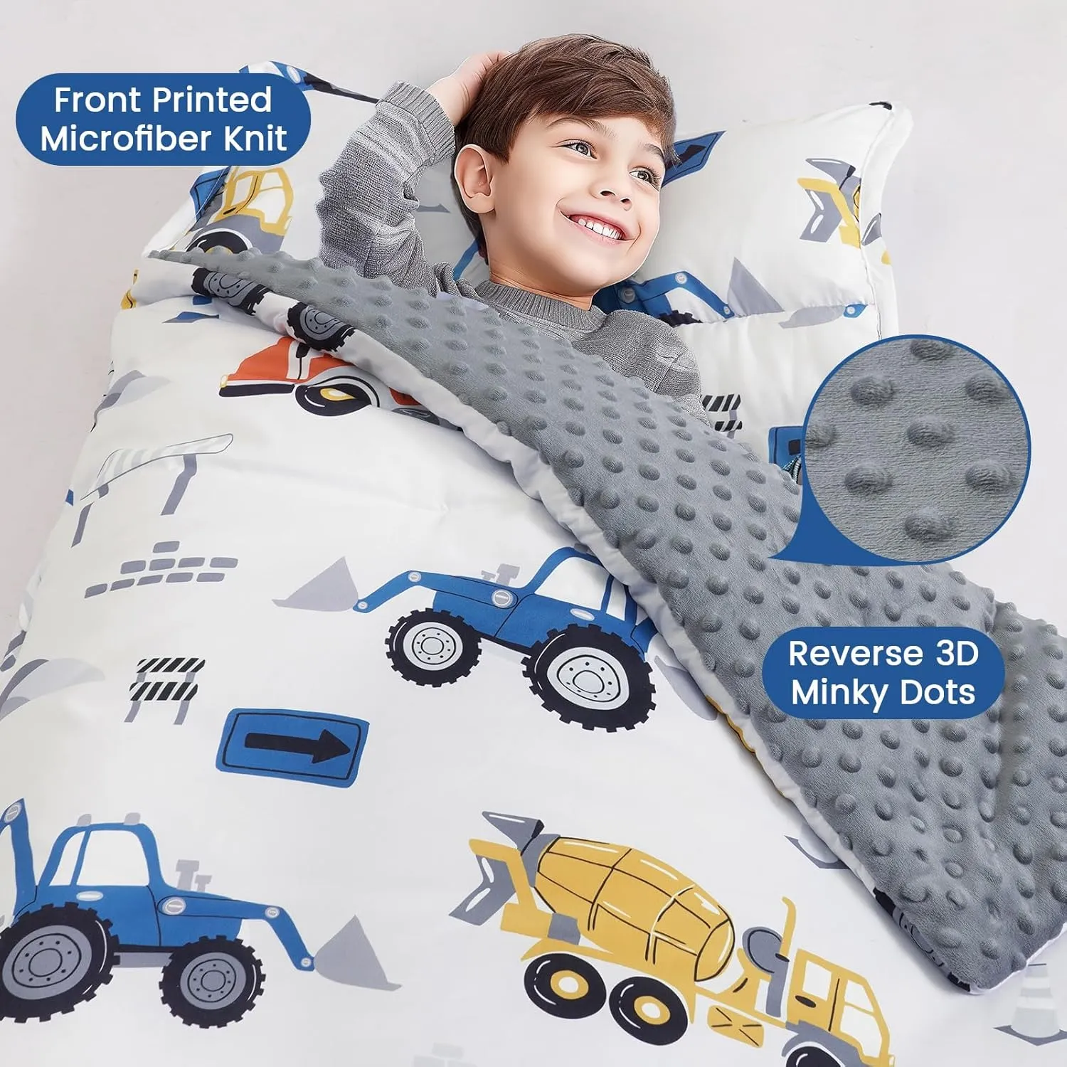 PHF Toddler Nap Mat with Removable Pillow and Minky Fleece Blanket, Rollup Design Warm Slumber Bags for Boys, 50"x20" Kids Sleeping Bag for Daycare Preschool Travel Camping, Truck and Digger