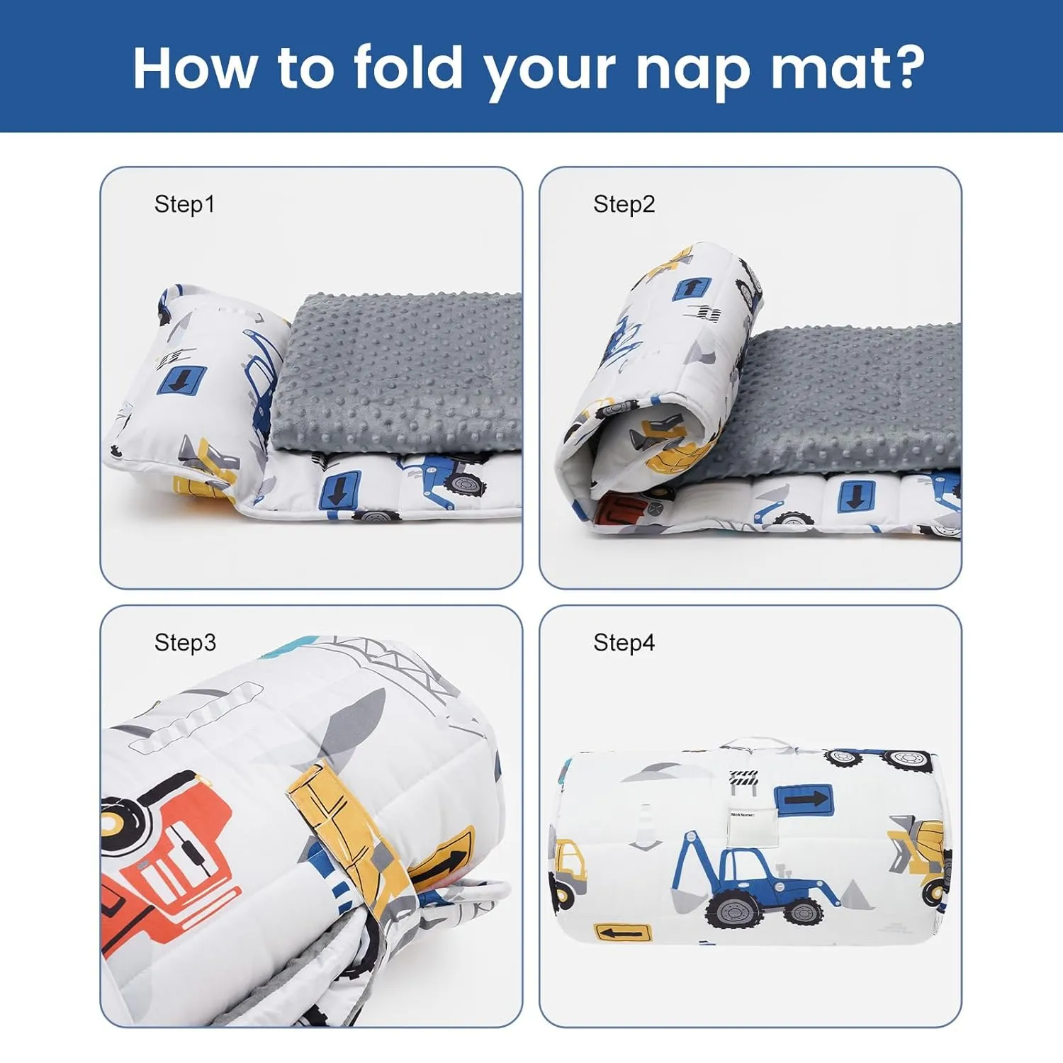 PHF Toddler Nap Mat with Removable Pillow and Minky Fleece Blanket, Rollup Design Warm Slumber Bags for Boys, 50"x20" Kids Sleeping Bag for Daycare Preschool Travel Camping, Truck and Digger