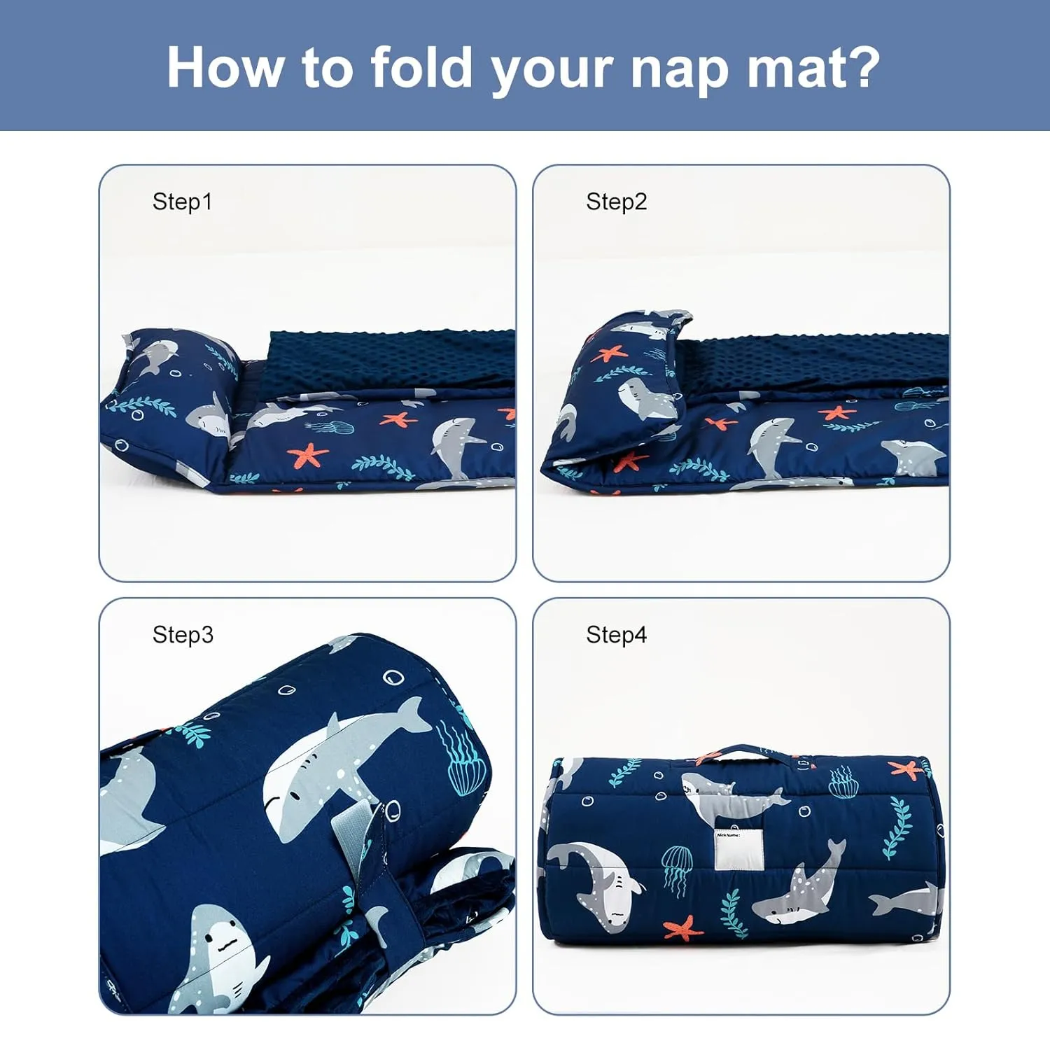 PHF Toddler Nap Mat with Removable Pillow and Minky Fleece Blanket, Rollup Design Warm Slumber Bags for Boys, 50"x20"x2" Kids Sleeping Bag for Daycare Preschool Travel Camping, Shark