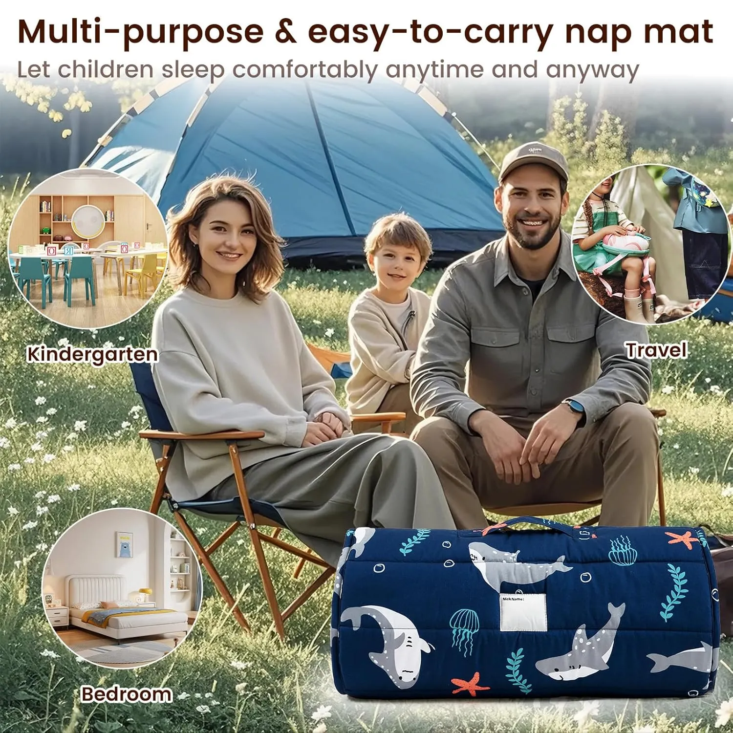 PHF Toddler Nap Mat with Removable Pillow and Minky Fleece Blanket, Rollup Design Warm Slumber Bags for Boys, 50"x20"x2" Kids Sleeping Bag for Daycare Preschool Travel Camping, Shark