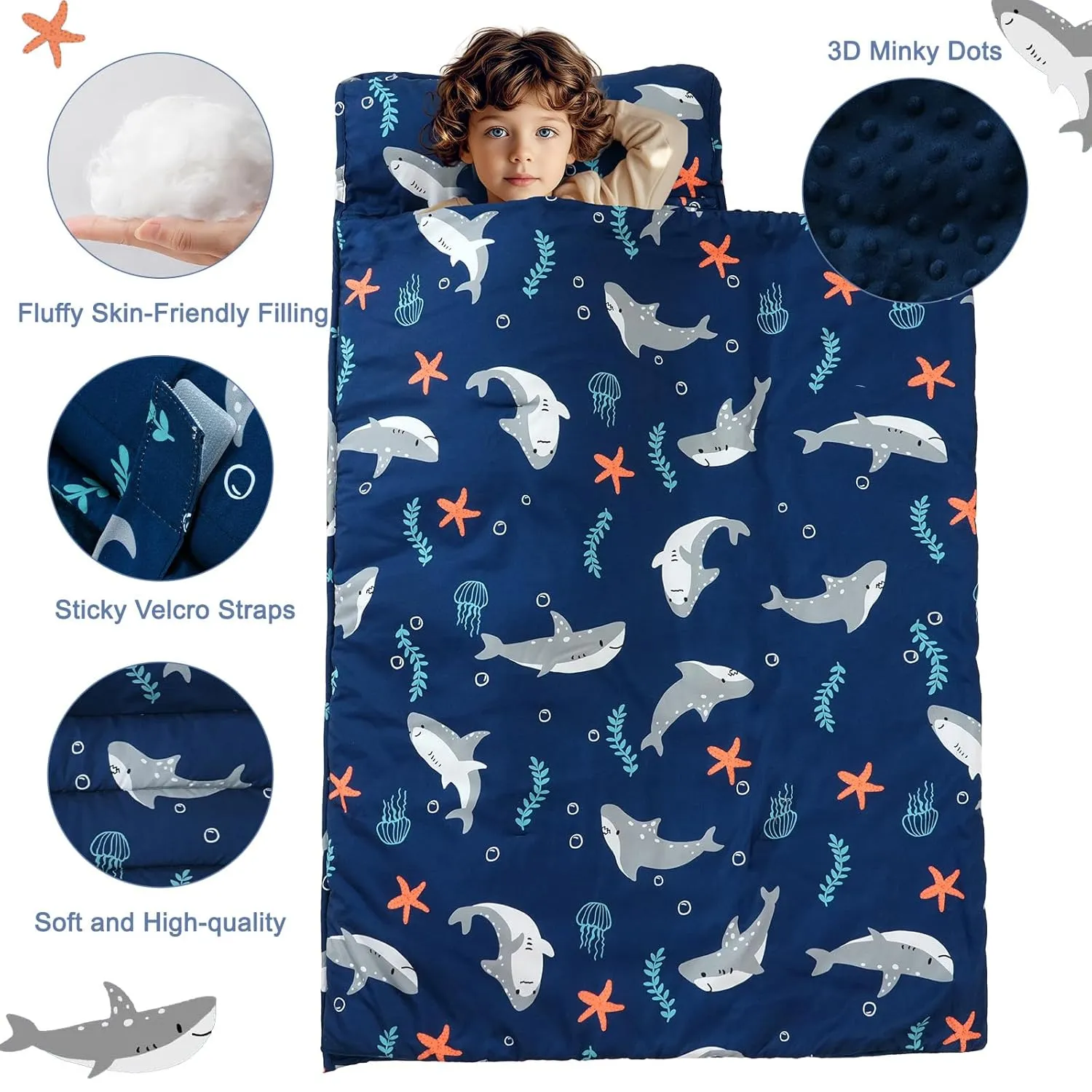 PHF Toddler Nap Mat with Removable Pillow and Minky Fleece Blanket, Rollup Design Warm Slumber Bags for Boys, 50"x20"x2" Kids Sleeping Bag for Daycare Preschool Travel Camping, Shark