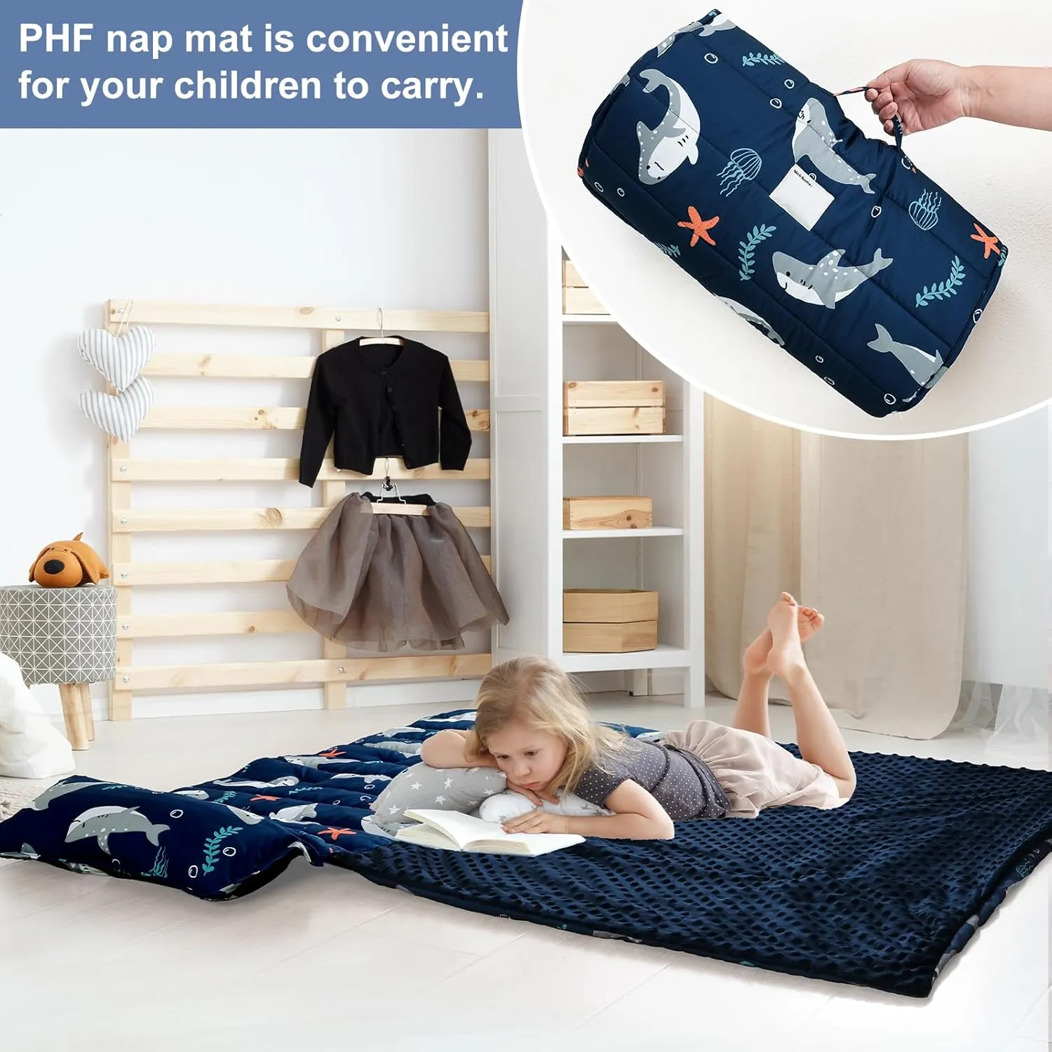PHF Toddler Nap Mat with Removable Pillow and Minky Fleece Blanket, Rollup Design Warm Slumber Bags for Boys, 50"x20"x2" Kids Sleeping Bag for Daycare Preschool Travel Camping, Shark
