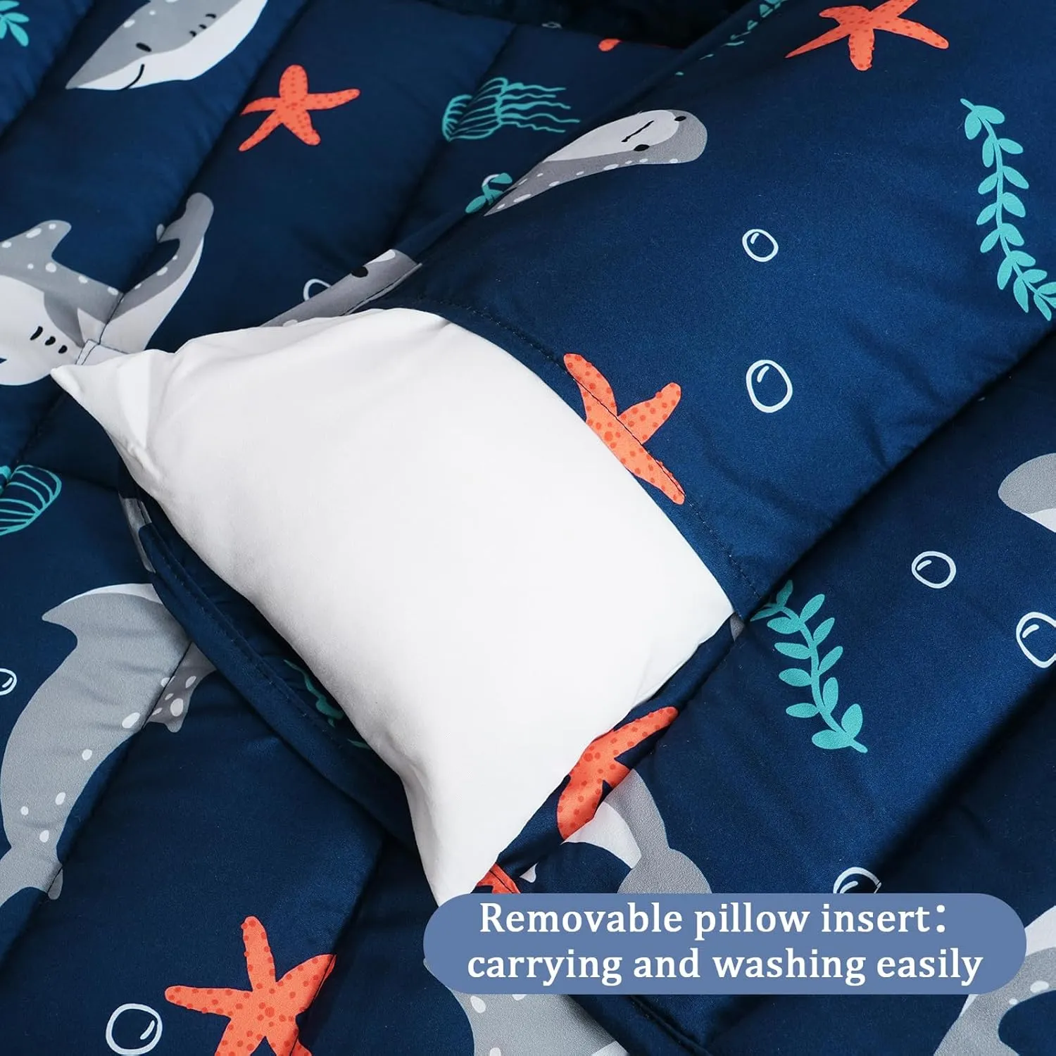 PHF Toddler Nap Mat with Removable Pillow and Minky Fleece Blanket, Rollup Design Warm Slumber Bags for Boys, 50"x20"x2" Kids Sleeping Bag for Daycare Preschool Travel Camping, Shark