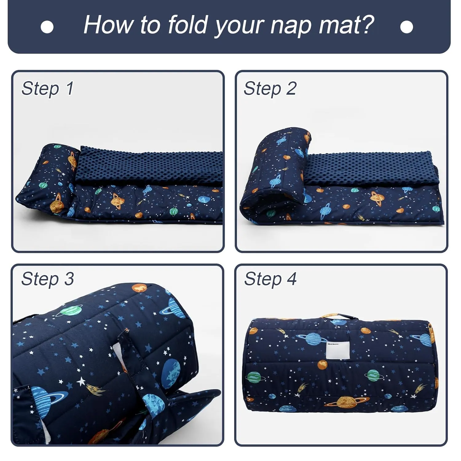 PHF Toddler Nap Mat with Removable Pillow and Minky Fleece Blanket, Rollup Design Warm Slumber Bags for Boys, 50"x20"x2" Kids Sleeping Bag for Daycare Preschool Travel Camping, Space