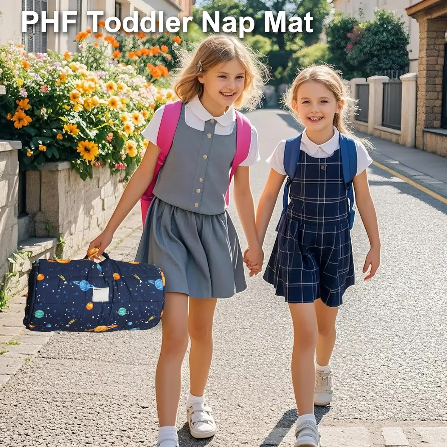 PHF Toddler Nap Mat with Removable Pillow and Minky Fleece Blanket, Rollup Design Warm Slumber Bags for Boys, 50"x20"x2" Kids Sleeping Bag for Daycare Preschool Travel Camping, Space