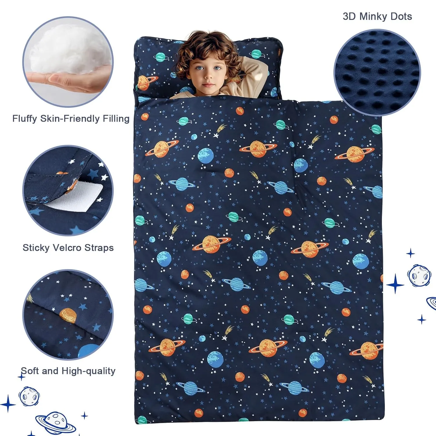 PHF Toddler Nap Mat with Removable Pillow and Minky Fleece Blanket, Rollup Design Warm Slumber Bags for Boys, 50"x20"x2" Kids Sleeping Bag for Daycare Preschool Travel Camping, Space