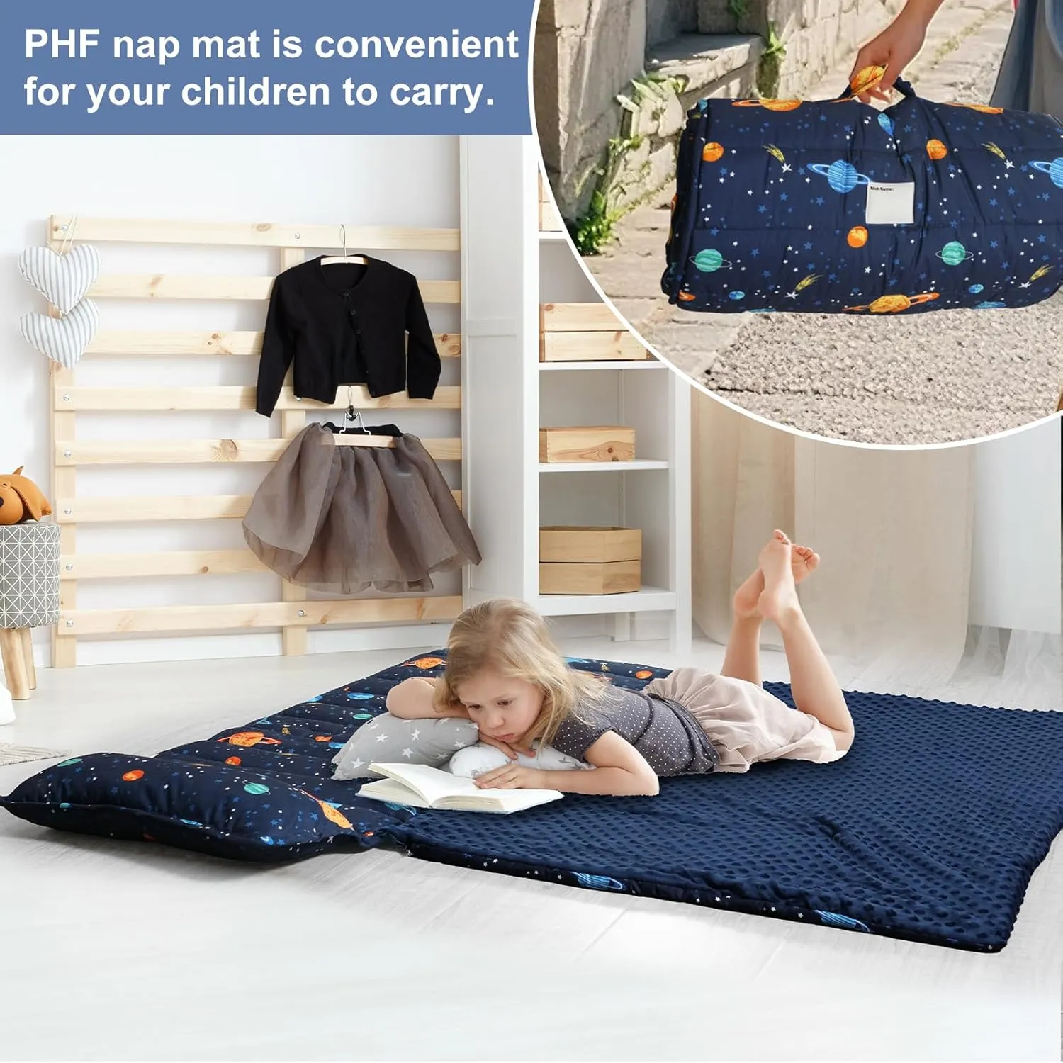 PHF Toddler Nap Mat with Removable Pillow and Minky Fleece Blanket, Rollup Design Warm Slumber Bags for Boys, 50"x20"x2" Kids Sleeping Bag for Daycare Preschool Travel Camping, Space