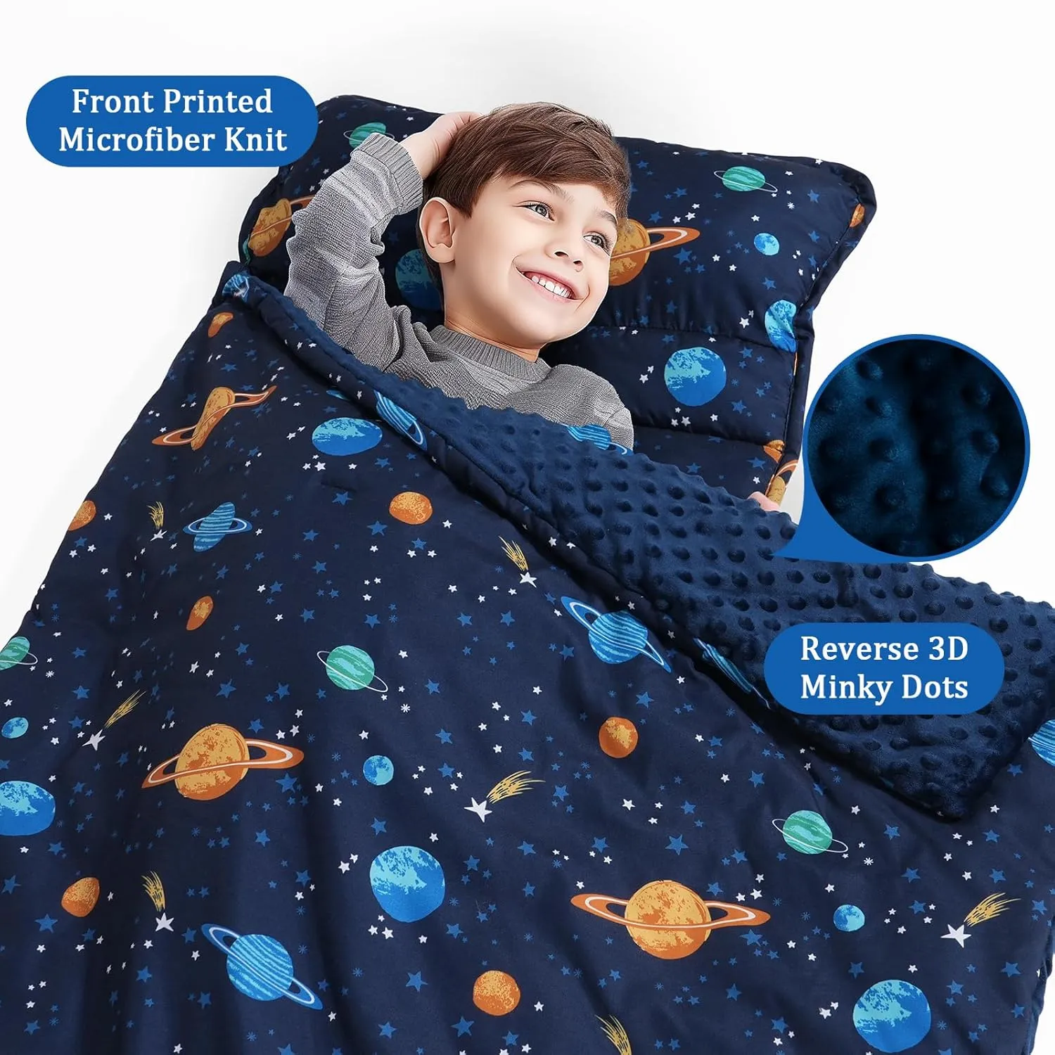 PHF Toddler Nap Mat with Removable Pillow and Minky Fleece Blanket, Rollup Design Warm Slumber Bags for Boys, 50"x20"x2" Kids Sleeping Bag for Daycare Preschool Travel Camping, Space