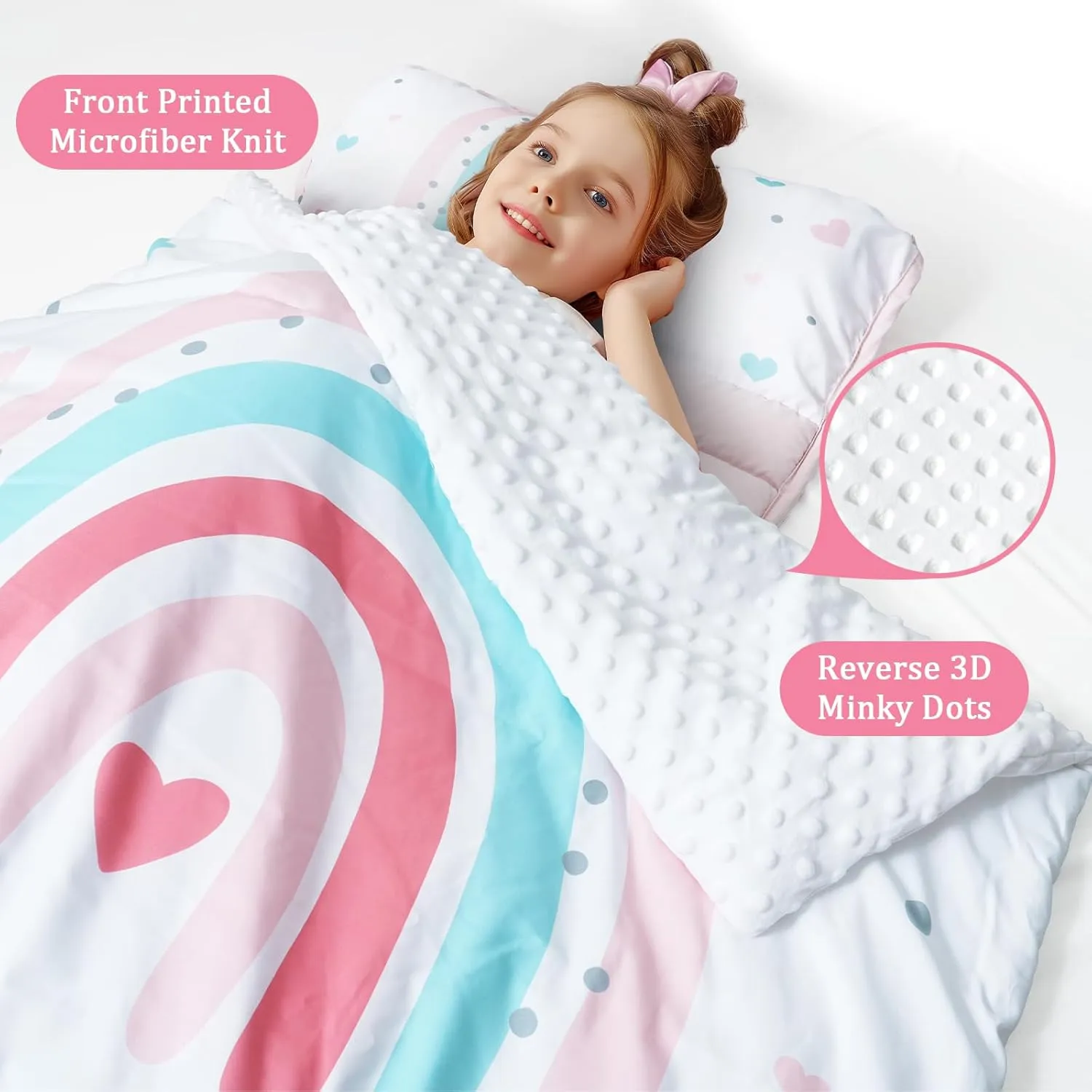 PHF Toddler Nap Mat with Removable Pillow and Minky Fleece Blanket, Rollup Design Warm Slumber Bags for Girls, 50"x20"x2" Kids Sleeping Bag for Daycare Preschool Travel Camping, Rainbow