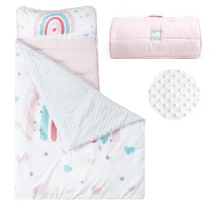 PHF Toddler Nap Mat with Removable Pillow and Minky Fleece Blanket, Rollup Design Warm Slumber Bags for Girls, 50"x20"x2" Kids Sleeping Bag for Daycare Preschool Travel Camping, Rainbow