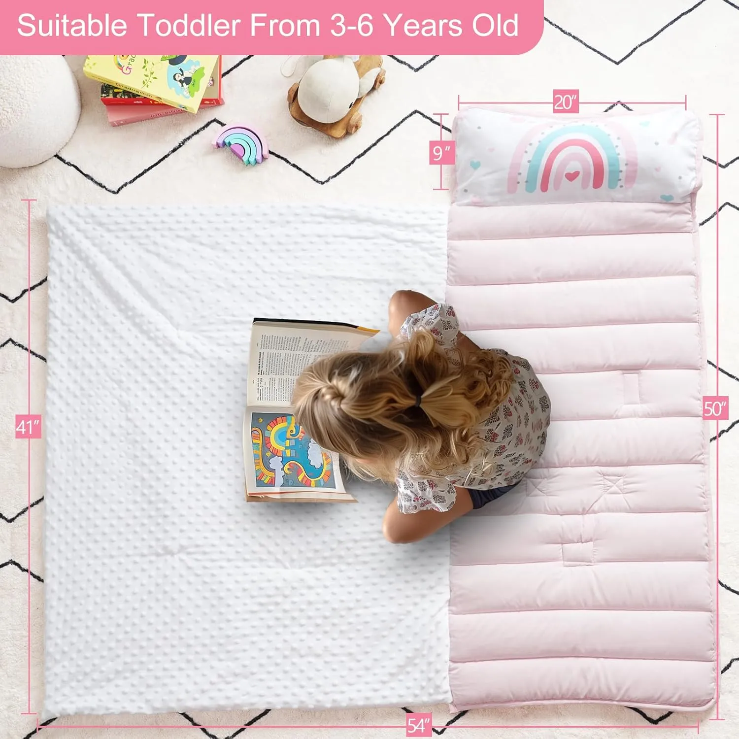 PHF Toddler Nap Mat with Removable Pillow and Minky Fleece Blanket, Rollup Design Warm Slumber Bags for Girls, 50"x20"x2" Kids Sleeping Bag for Daycare Preschool Travel Camping, Rainbow