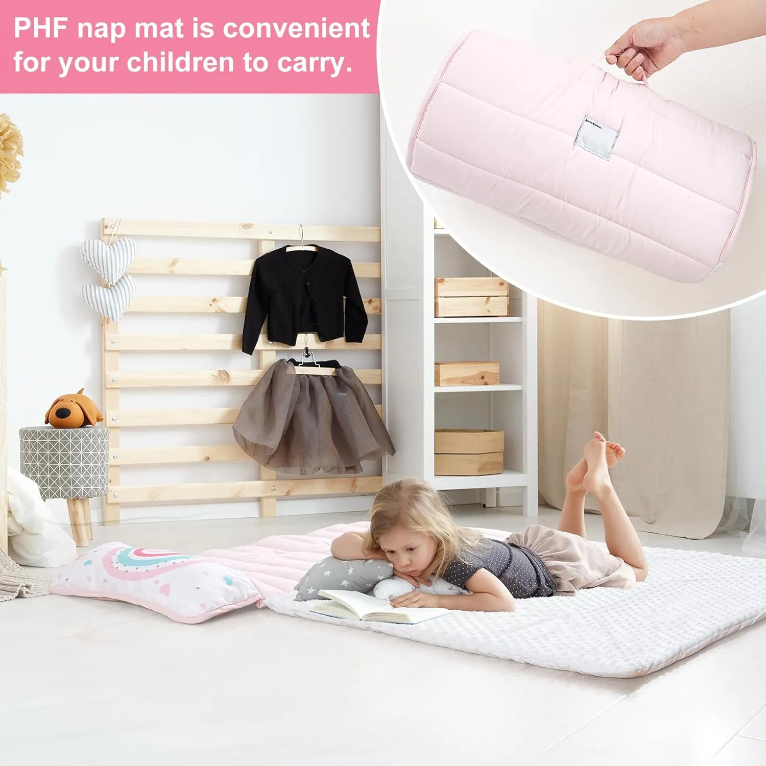 PHF Toddler Nap Mat with Removable Pillow and Minky Fleece Blanket, Rollup Design Warm Slumber Bags for Girls, 50"x20"x2" Kids Sleeping Bag for Daycare Preschool Travel Camping, Rainbow