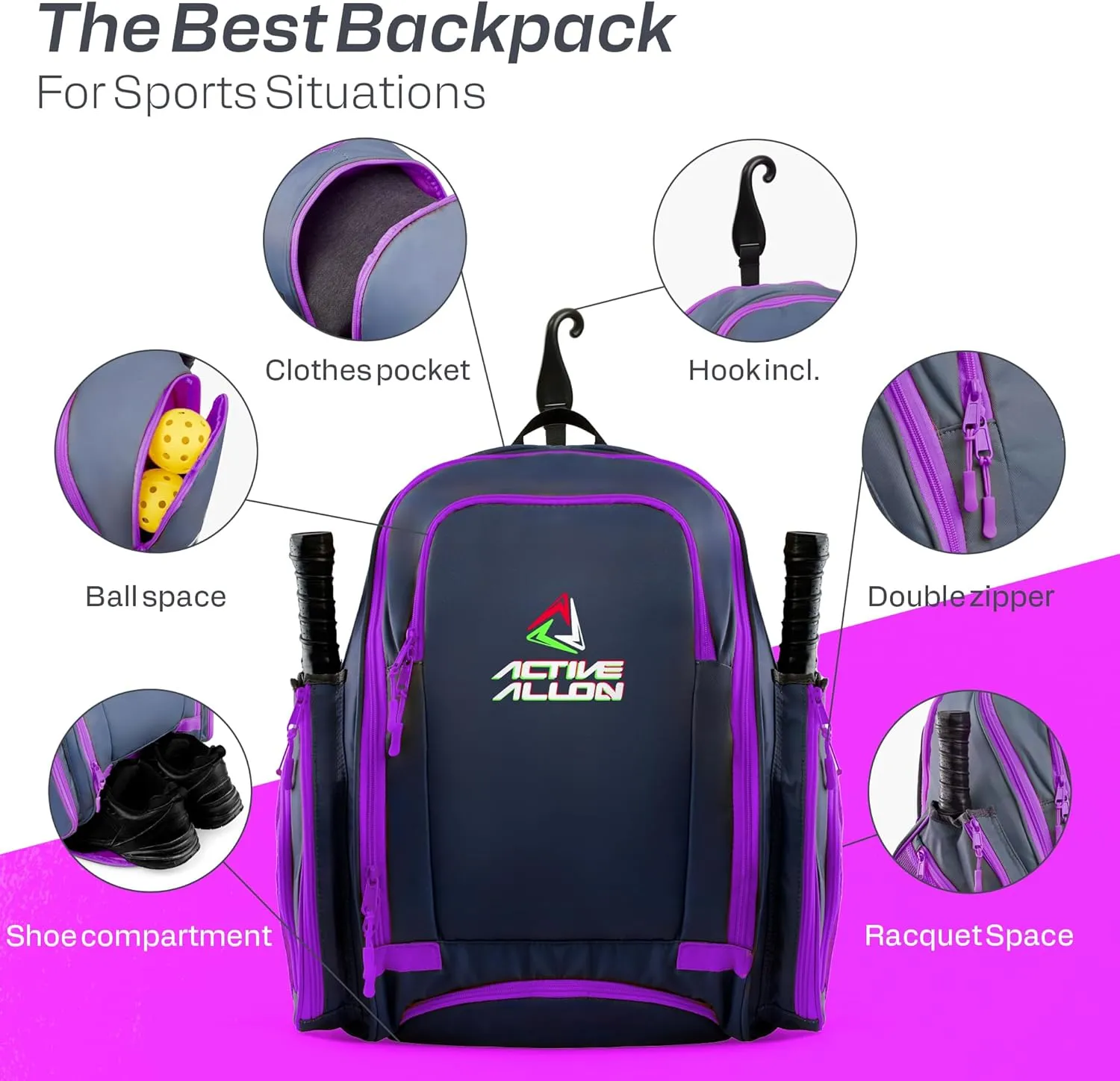 Pickleball Backpack - Durable Sling Bag for Men & Women, Holds 2-4 Paddles, with Fence Hook, Shoe Compartment & Water Bottle Holder