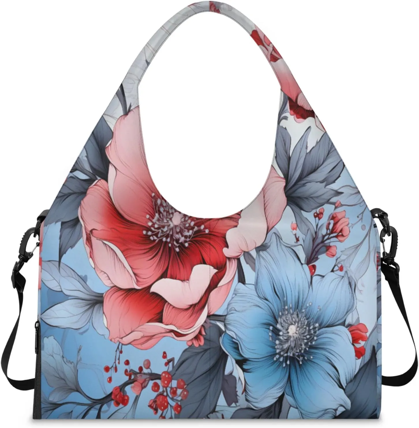 Pink Blue Floral Waterproof Gym Bag for Men Women, Sports Duffel Bag with Shoe Compartment Yoga Mat Holder, Portable Large Travel Bag for Fitness, Camping, Weekend Trips