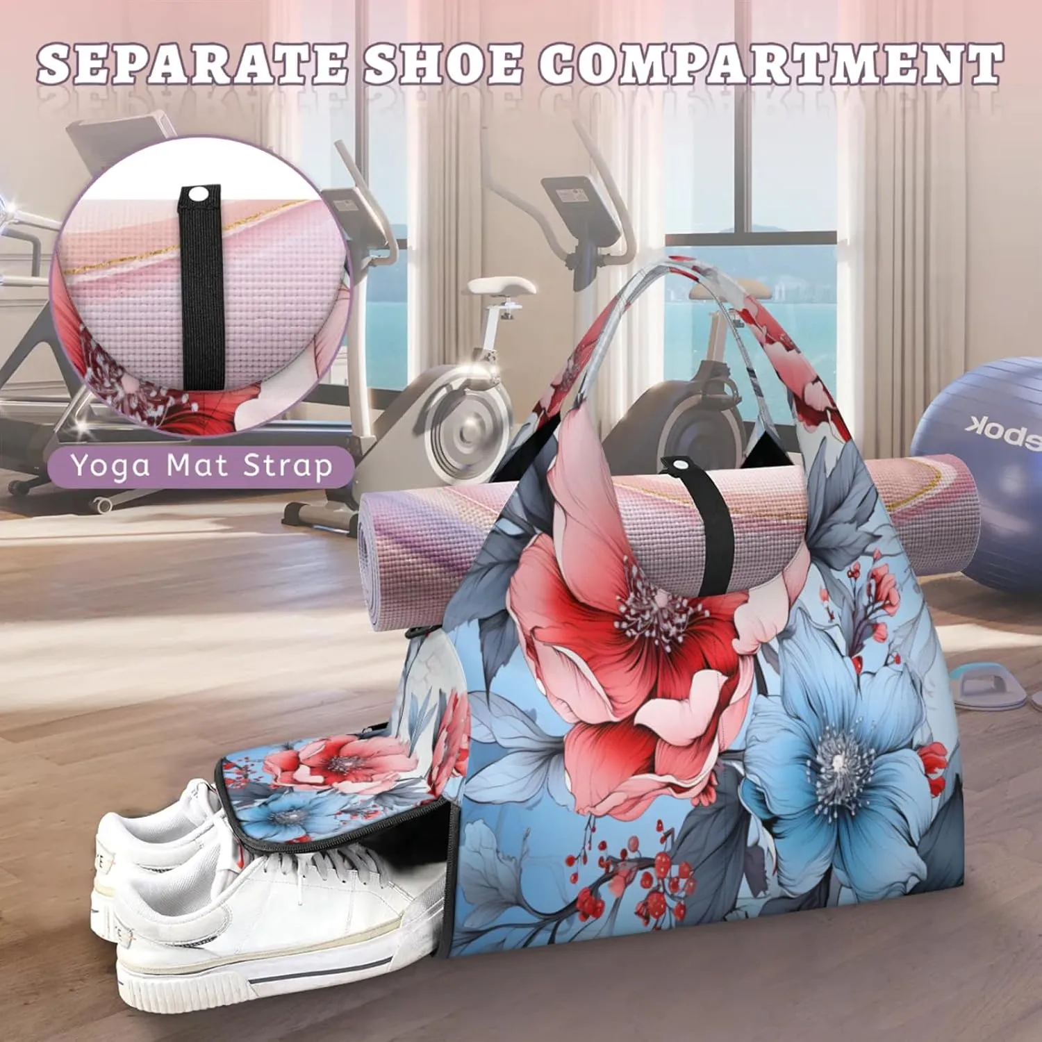 Pink Blue Floral Waterproof Gym Bag for Men Women, Sports Duffel Bag with Shoe Compartment Yoga Mat Holder, Portable Large Travel Bag for Fitness, Camping, Weekend Trips