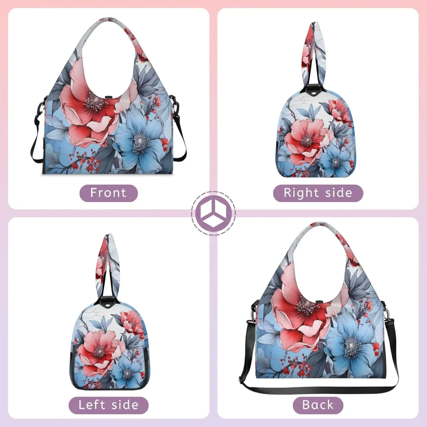 Pink Blue Floral Waterproof Gym Bag for Men Women, Sports Duffel Bag with Shoe Compartment Yoga Mat Holder, Portable Large Travel Bag for Fitness, Camping, Weekend Trips
