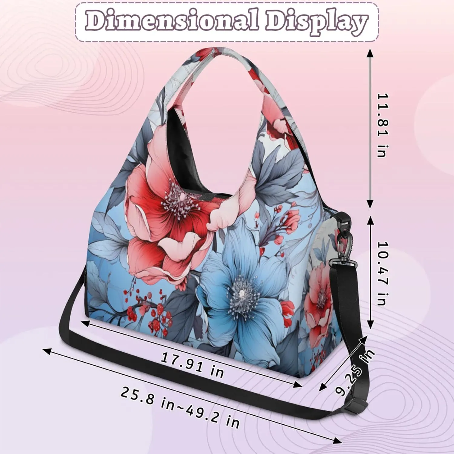 Pink Blue Floral Waterproof Gym Bag for Men Women, Sports Duffel Bag with Shoe Compartment Yoga Mat Holder, Portable Large Travel Bag for Fitness, Camping, Weekend Trips