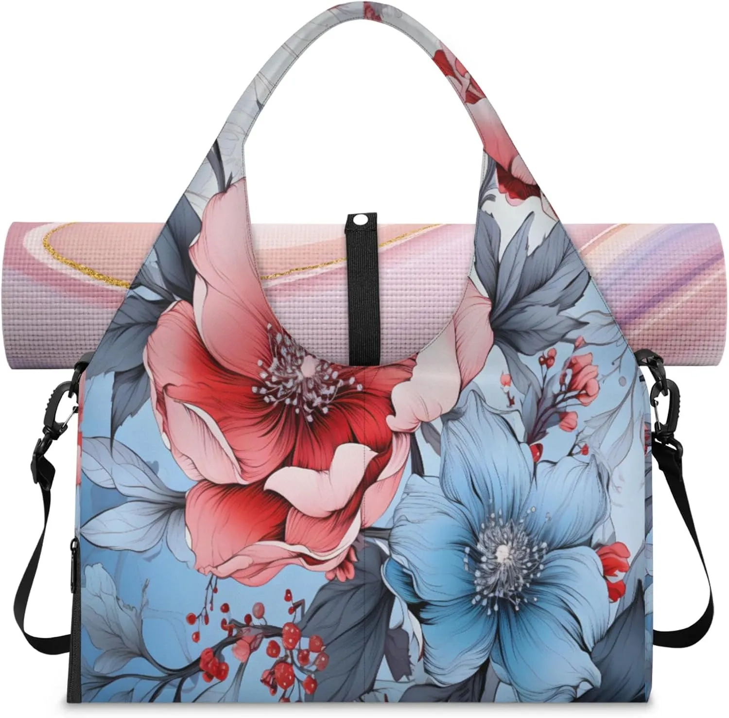 Pink Blue Floral Waterproof Gym Bag for Men Women, Sports Duffel Bag with Shoe Compartment Yoga Mat Holder, Portable Large Travel Bag for Fitness, Camping, Weekend Trips