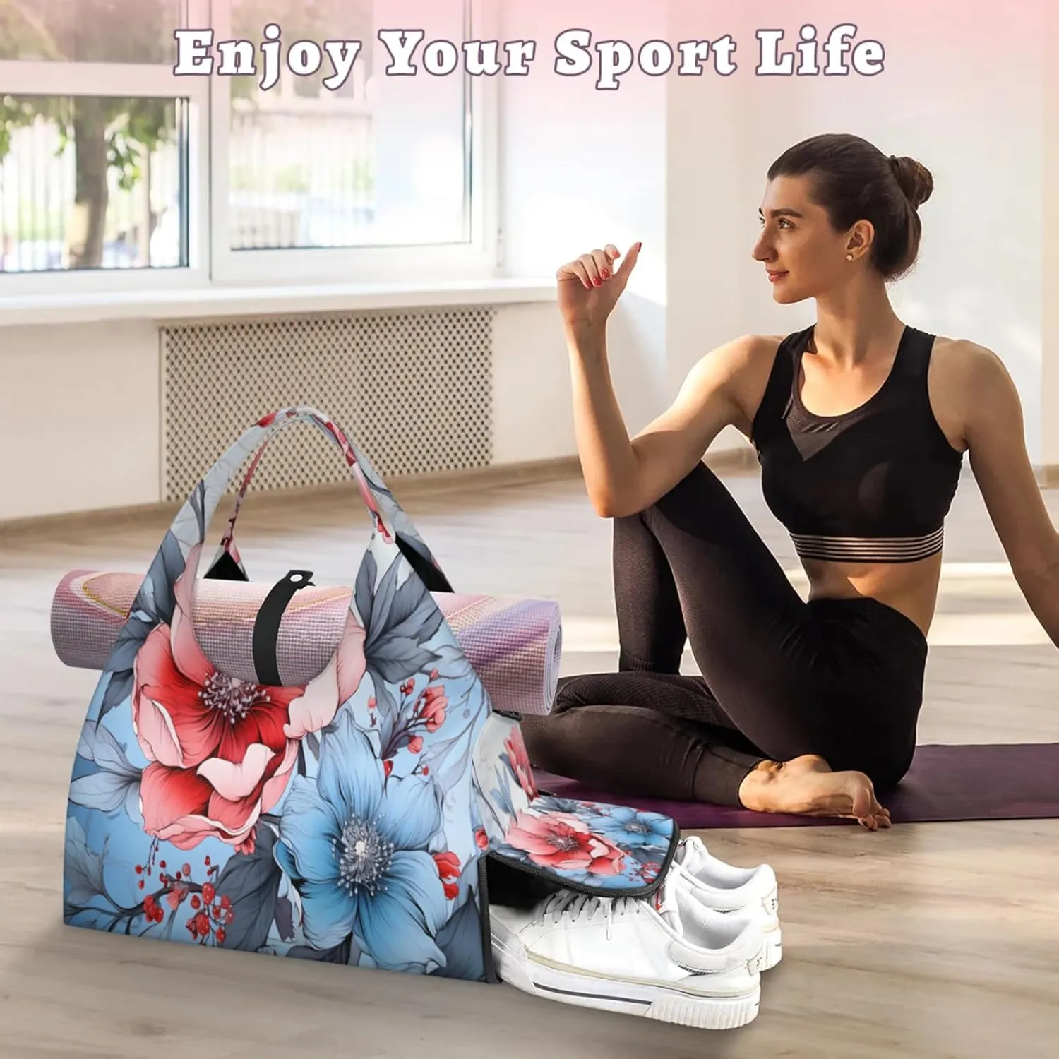 Pink Blue Floral Waterproof Gym Bag for Men Women, Sports Duffel Bag with Shoe Compartment Yoga Mat Holder, Portable Large Travel Bag for Fitness, Camping, Weekend Trips